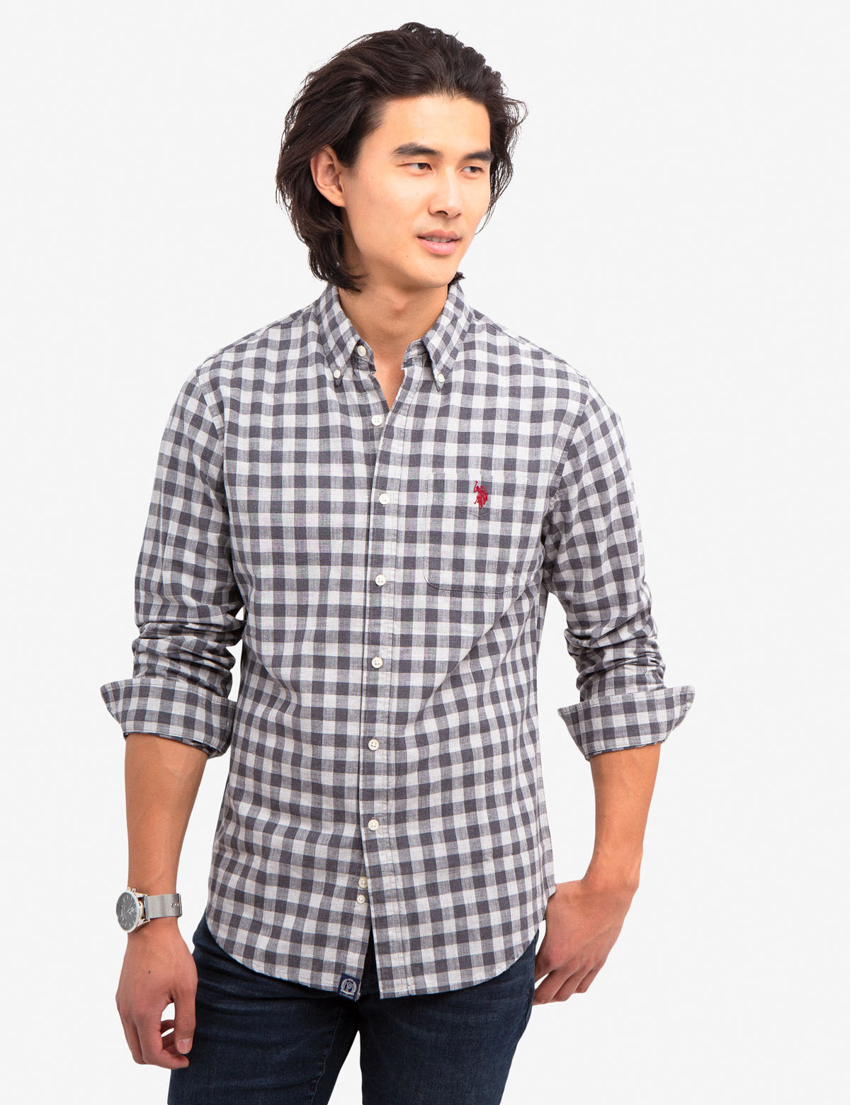 Men's Small Plaid Slub Shirt with Embroidered Logo