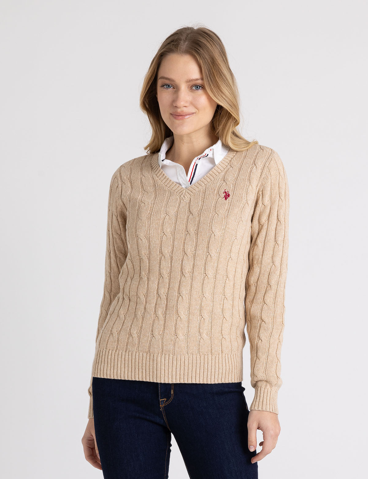 Women's Soft Cable Knit V-Neck Sweater - Ribbed Hem & Cuffs