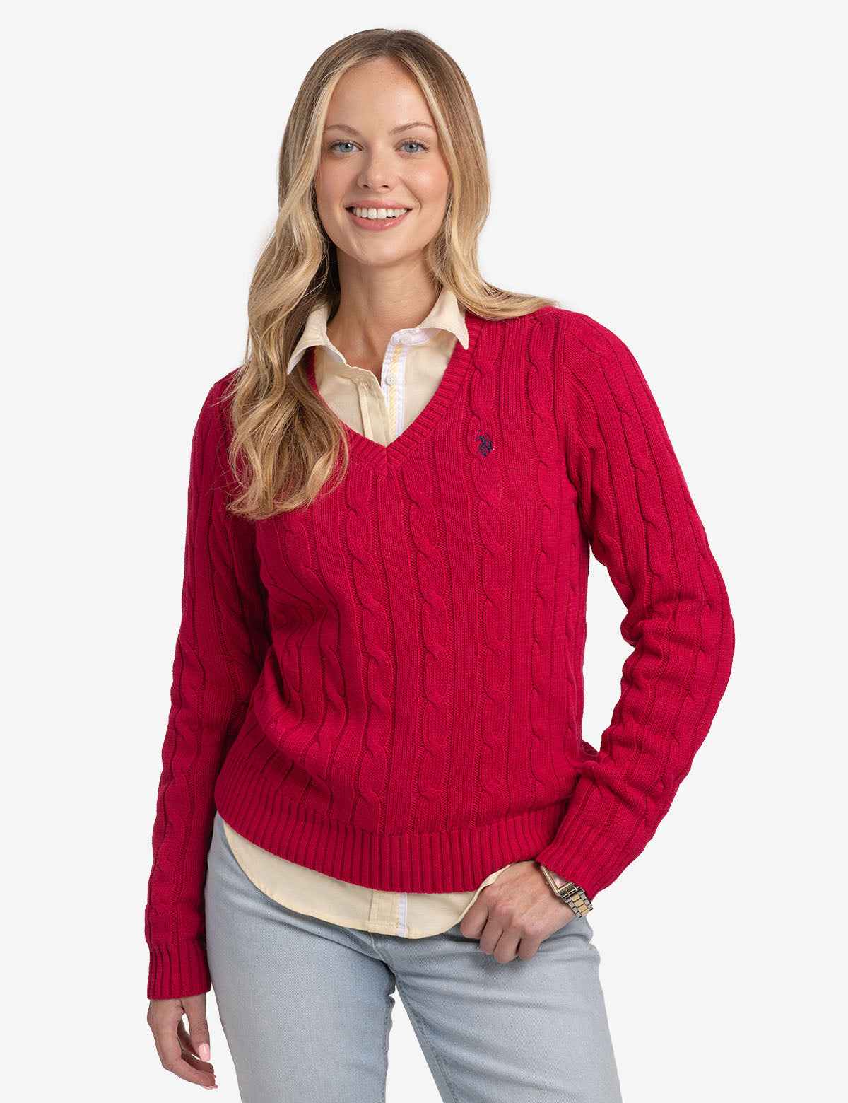Women's Soft Cable Knit V-Neck Sweater - Ribbed Hem & Cuffs