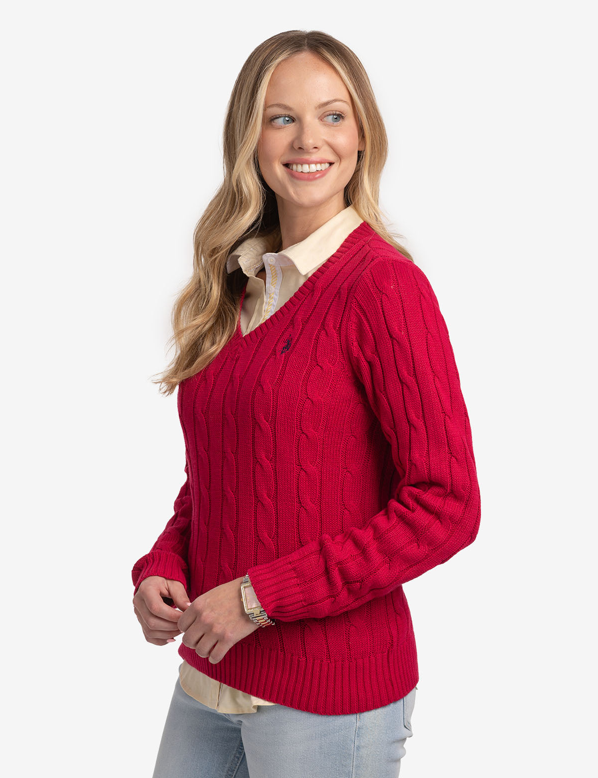 Women's Soft Cable Knit V-Neck Sweater - Ribbed Hem & Cuffs