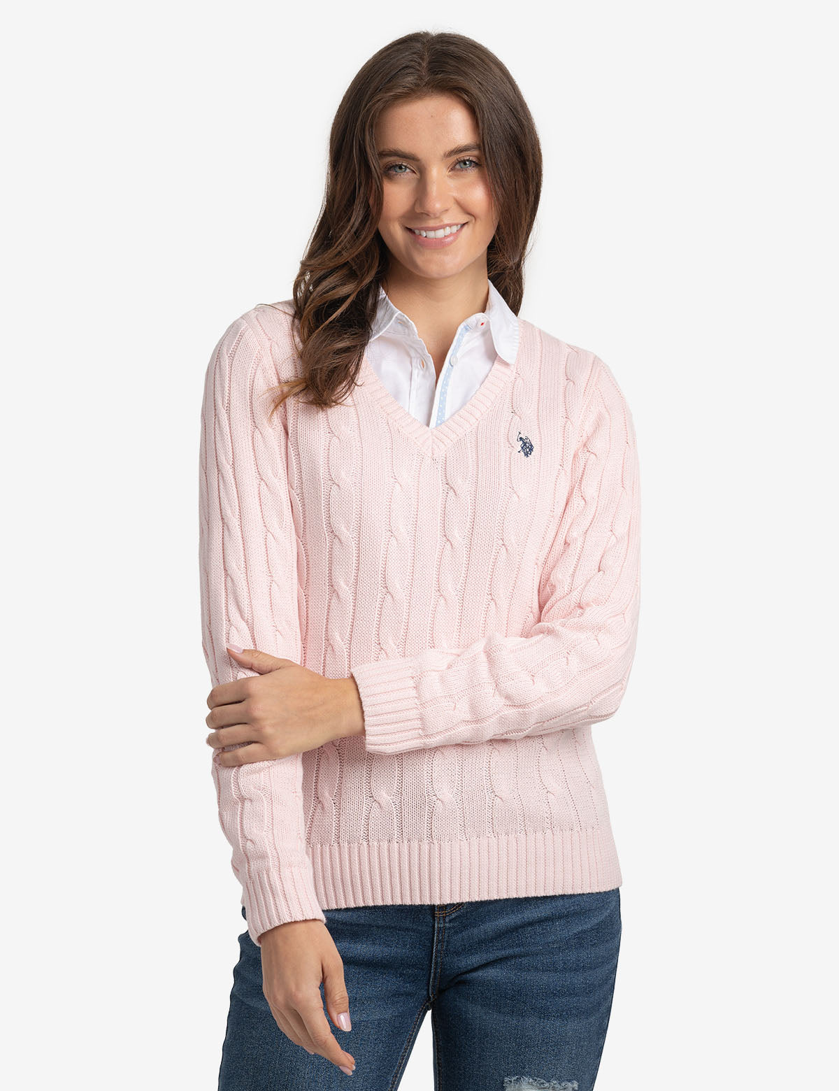 Women's Soft Cable Knit V-Neck Sweater - Ribbed Hem & Cuffs