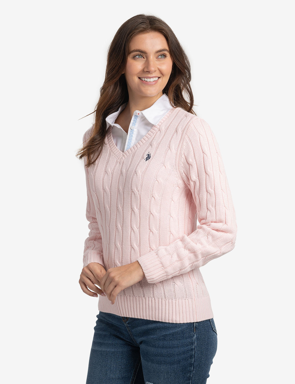 Women's Soft Cable Knit V-Neck Sweater - Ribbed Hem & Cuffs