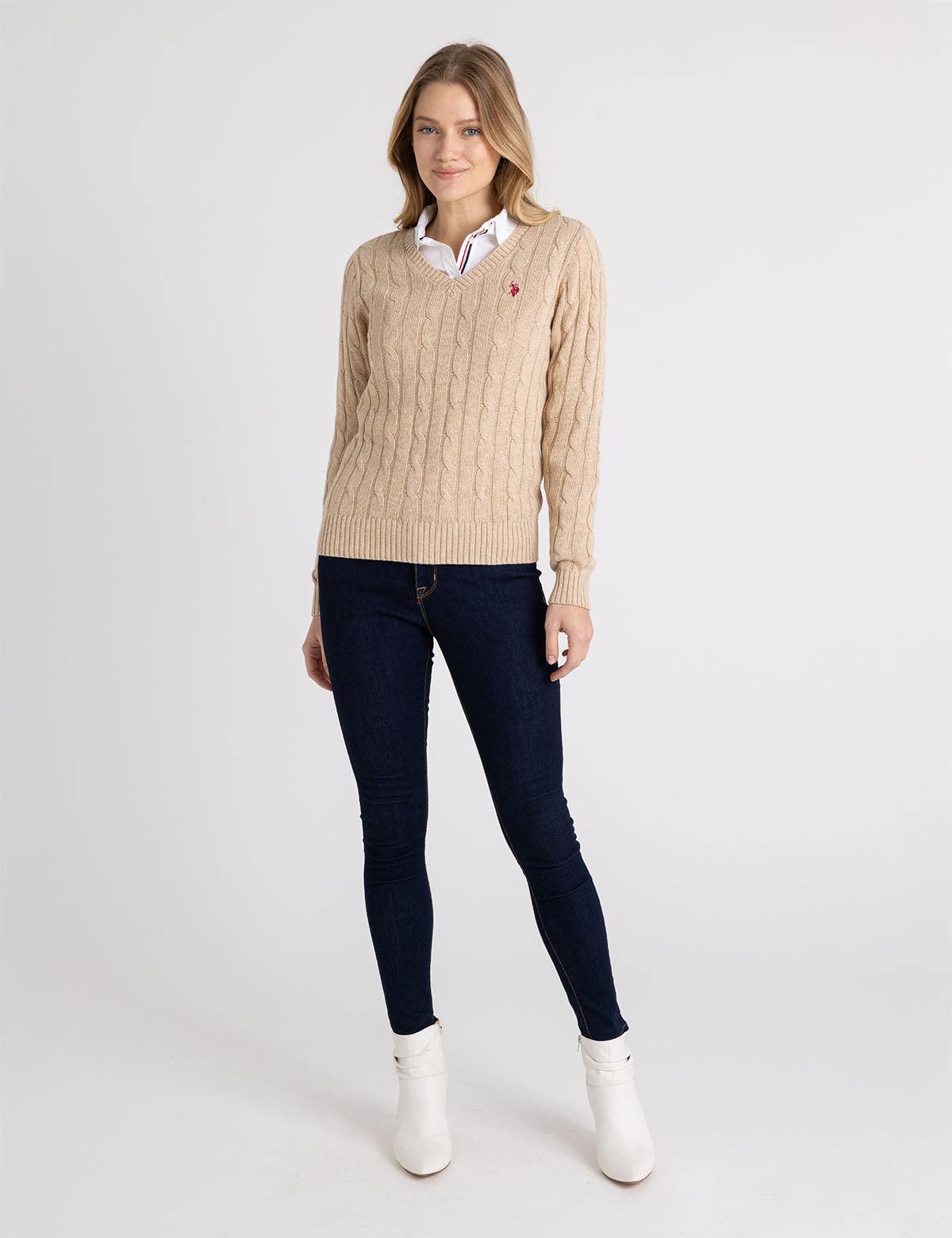 Women's Soft Cable Knit V-Neck Sweater - Ribbed Hem & Cuffs