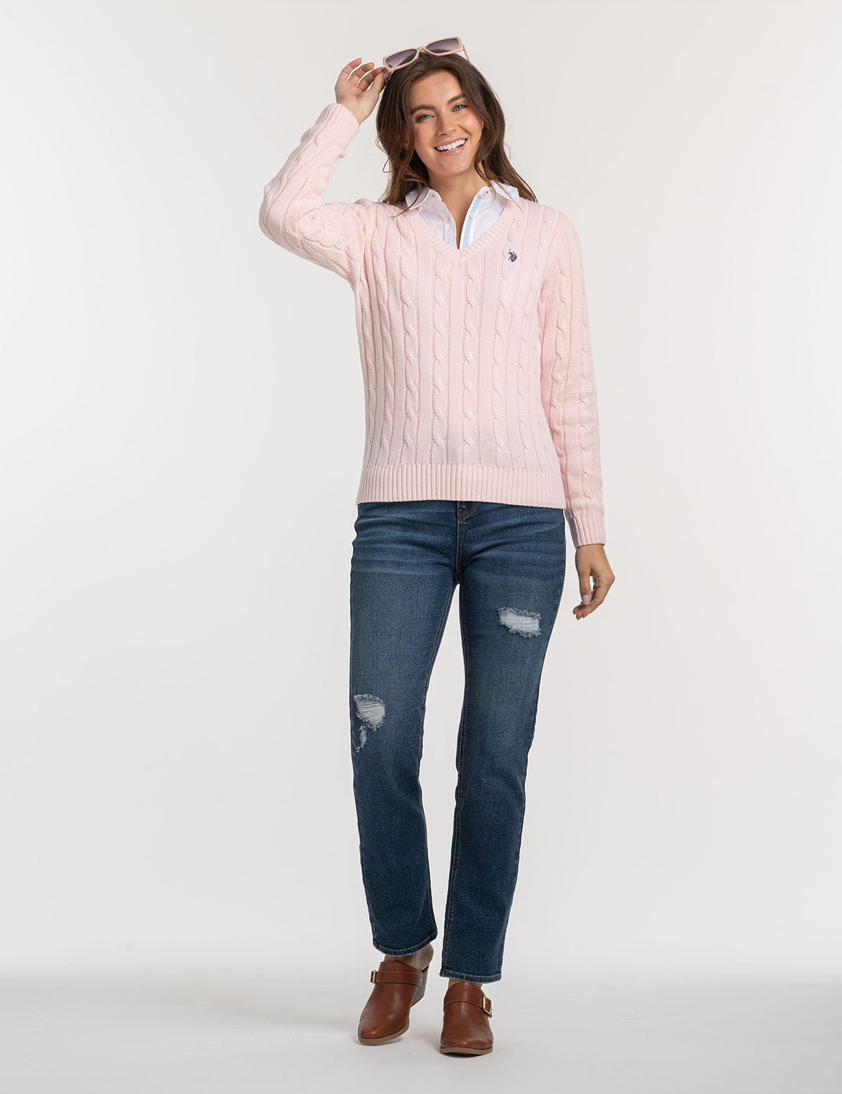 Women's Soft Cable Knit V-Neck Sweater - Ribbed Hem & Cuffs