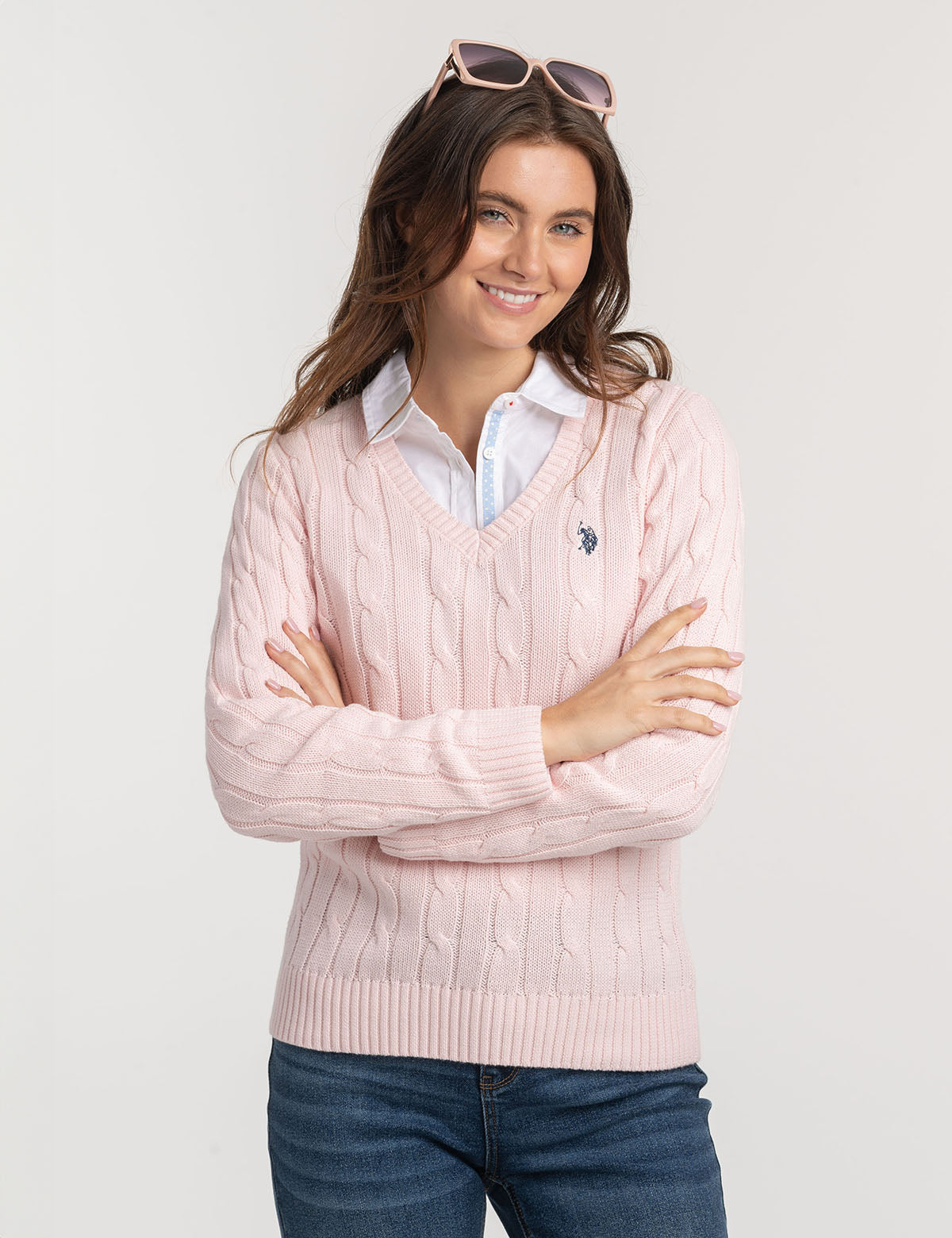 Women's Soft Cable Knit V-Neck Sweater - Ribbed Hem & Cuffs