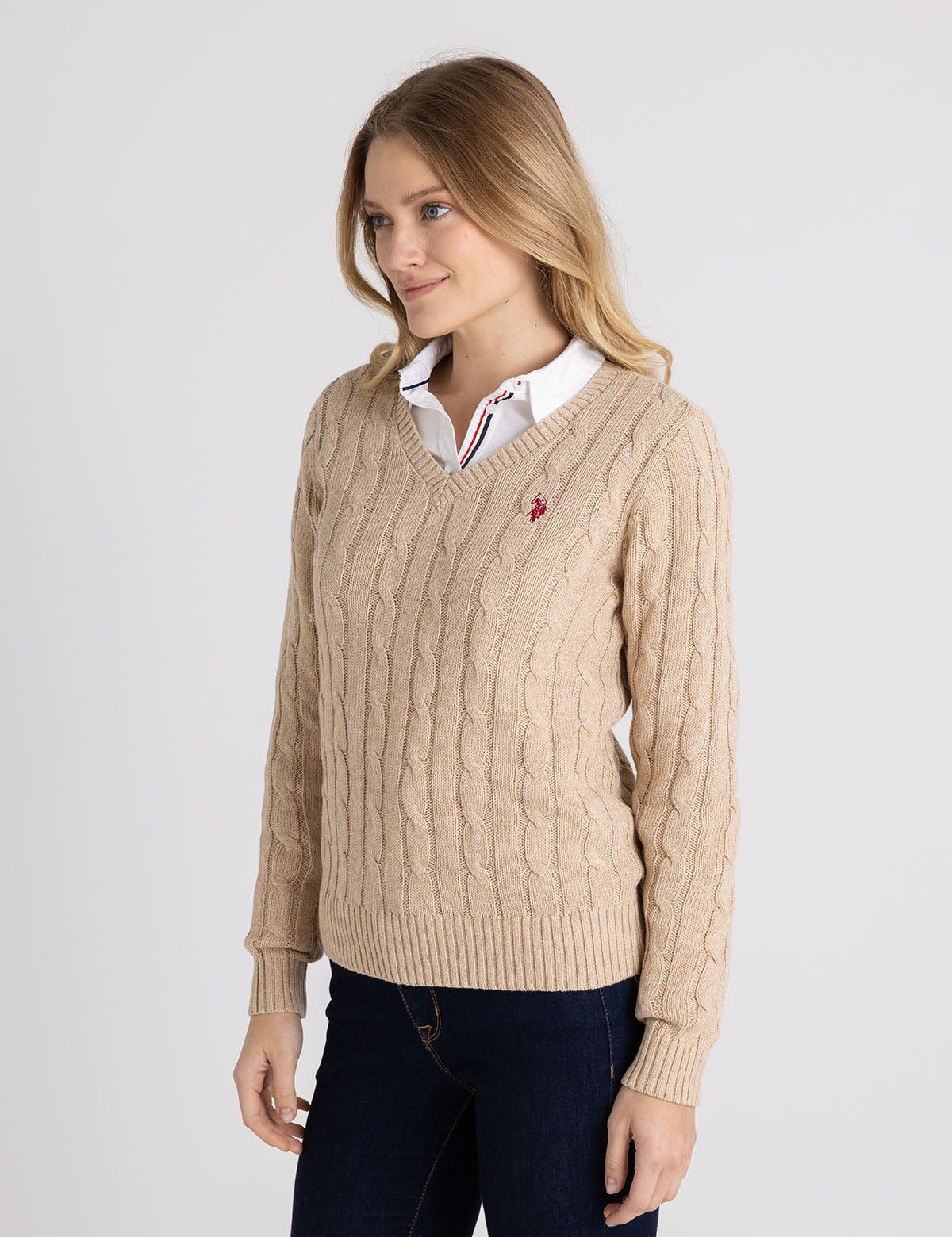 Women's Soft Cable Knit V-Neck Sweater - Ribbed Hem & Cuffs