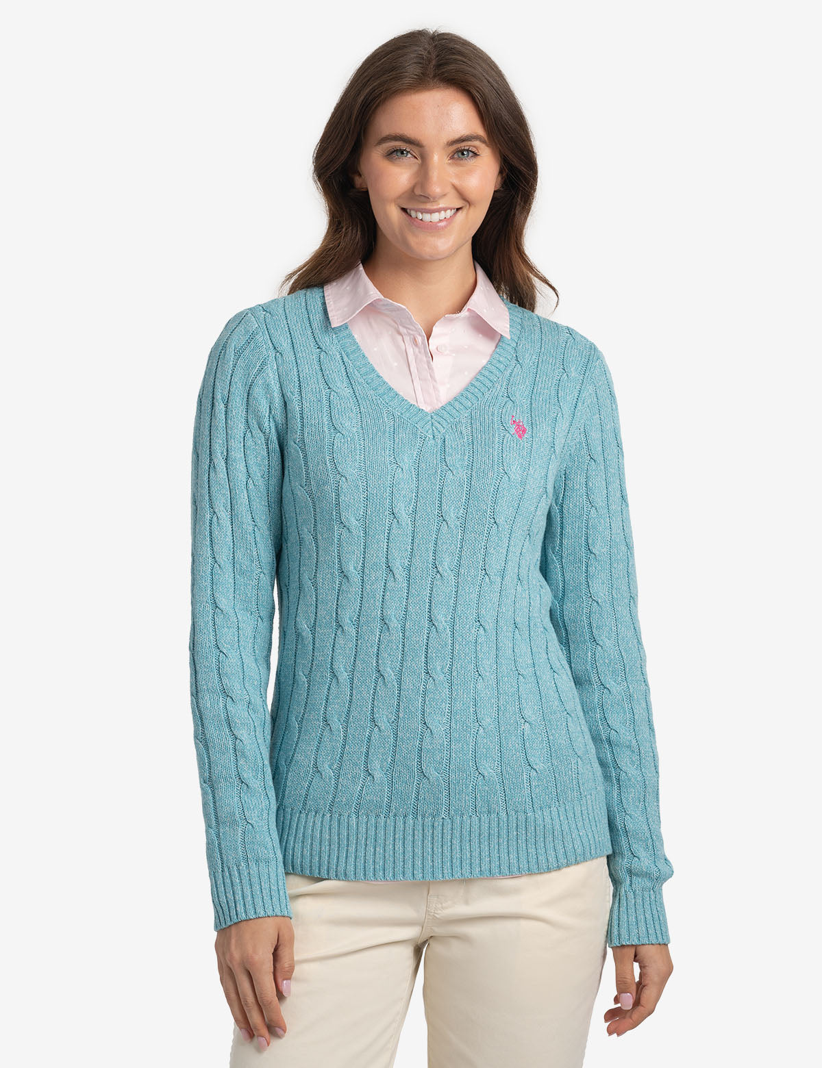 Women's Soft Cable Knit V-Neck Sweater - Ribbed Hem & Cuffs