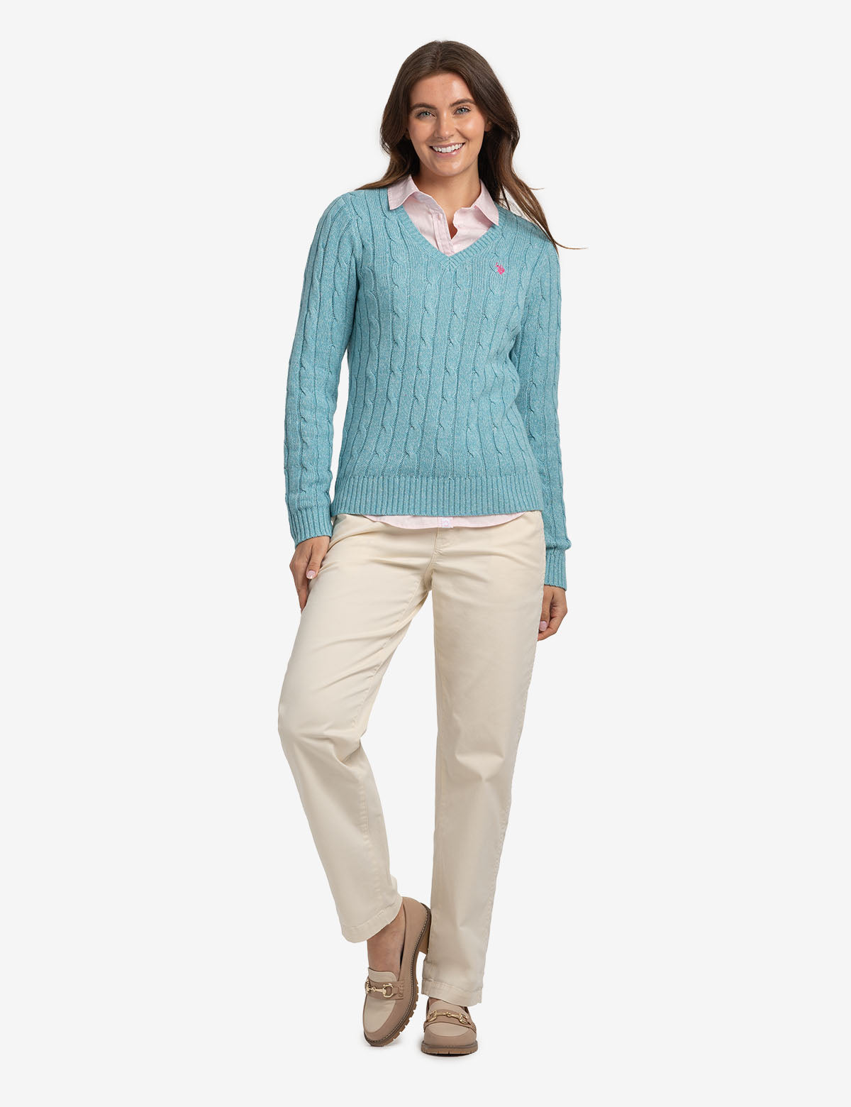 Women's Soft Cable Knit V-Neck Sweater - Ribbed Hem & Cuffs