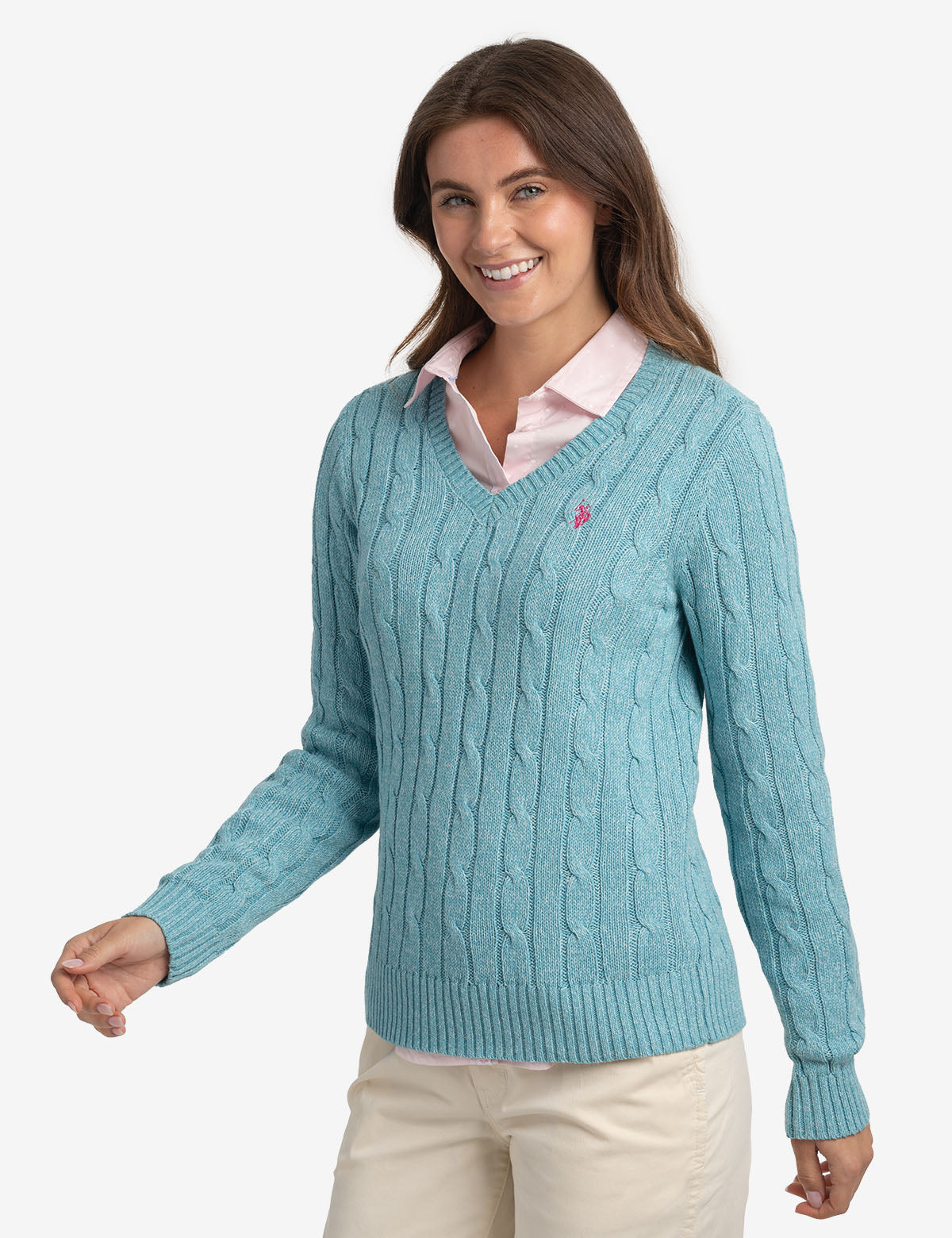 Women's Soft Cable Knit V-Neck Sweater - Ribbed Hem & Cuffs