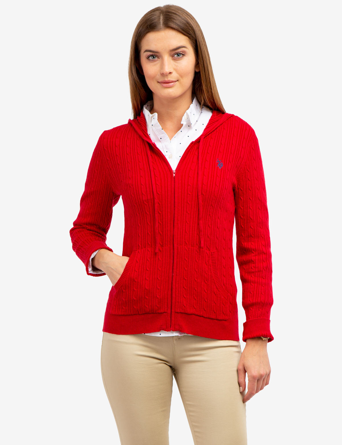 Women's Soft Cable Knit Hoodie with Zipper & Kangaroo Pockets