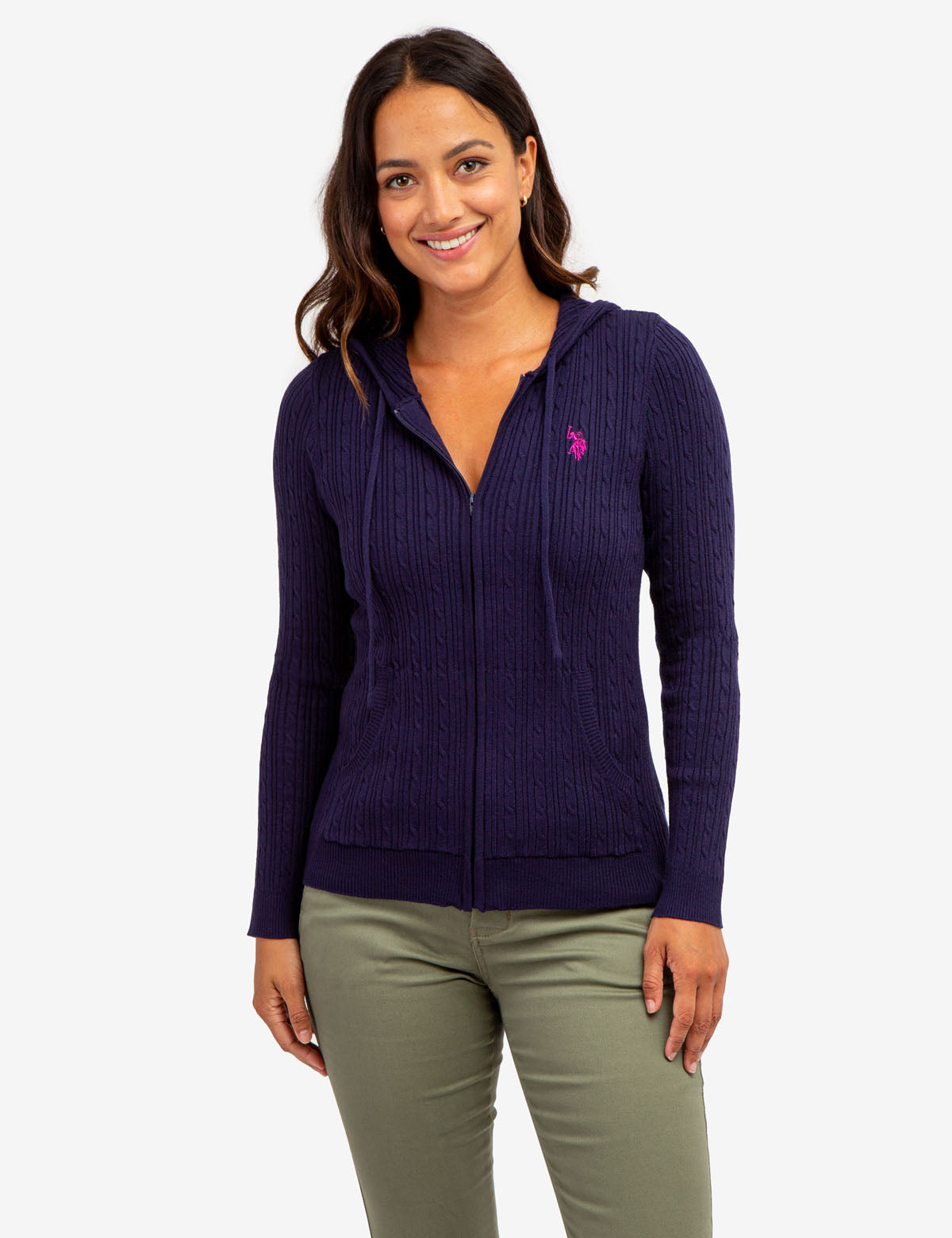 Women's Soft Cable Knit Hoodie with Zipper & Kangaroo Pockets