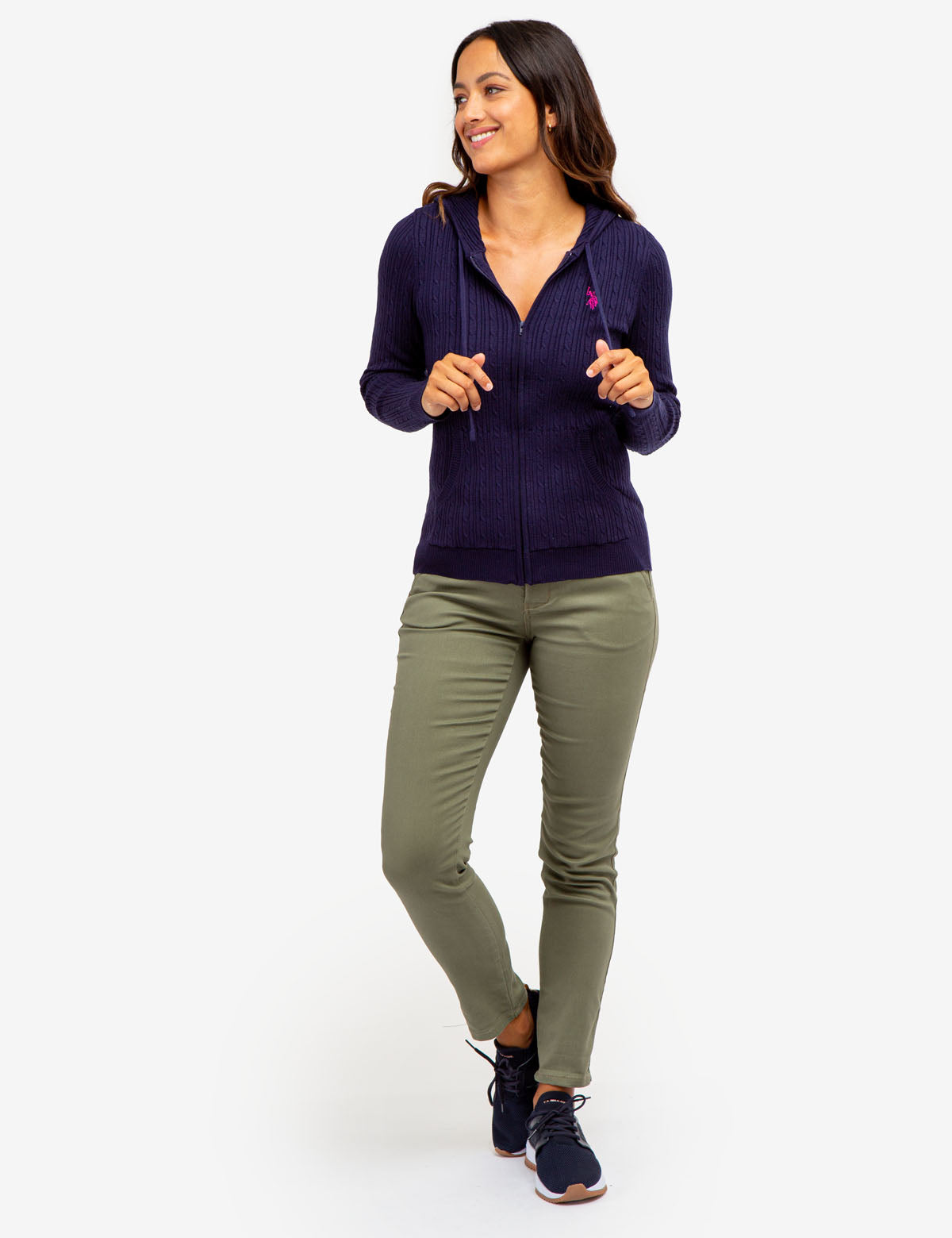 Women's Soft Cable Knit Hoodie with Zipper & Kangaroo Pockets