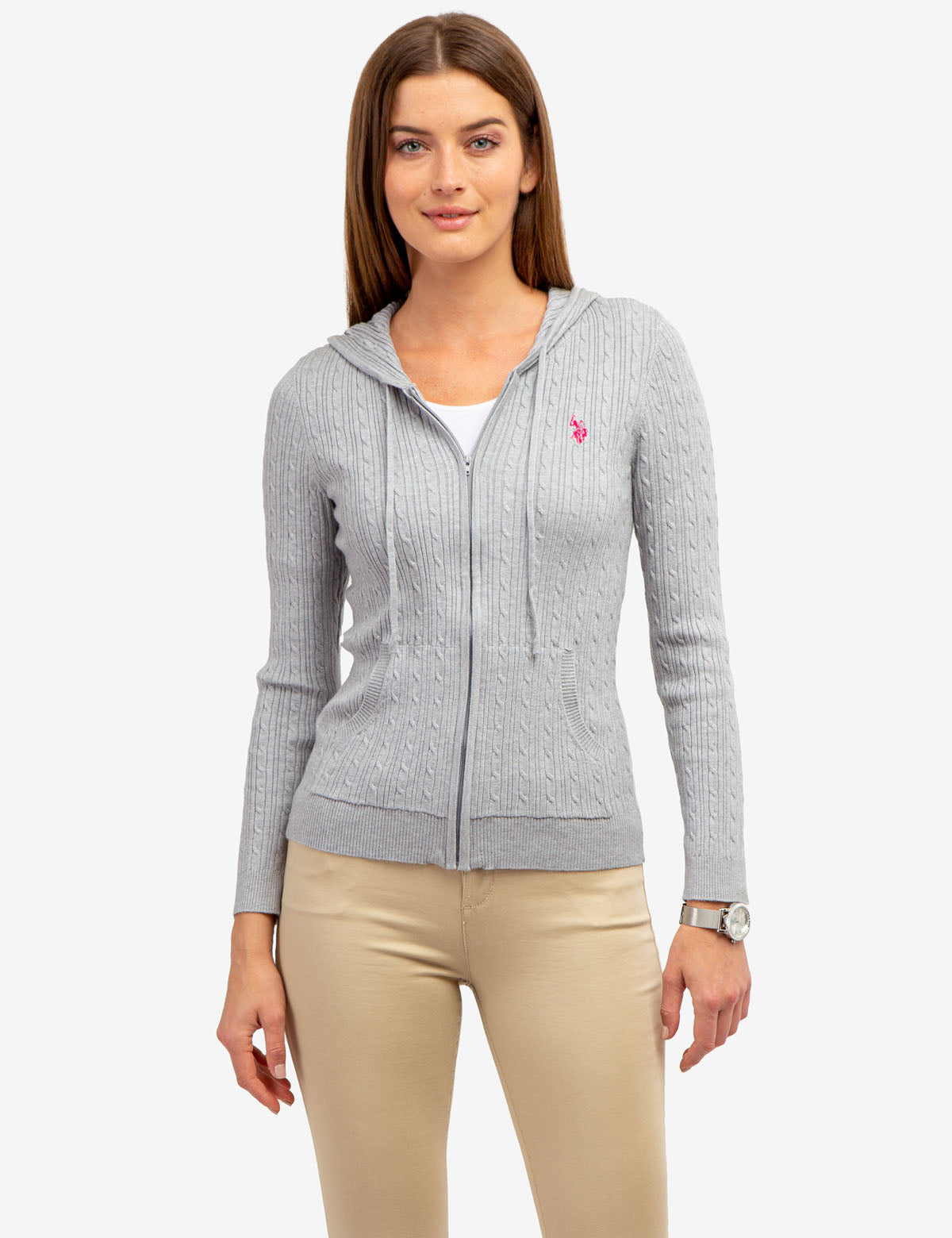 Women's Soft Cable Knit Hoodie with Zipper & Kangaroo Pockets