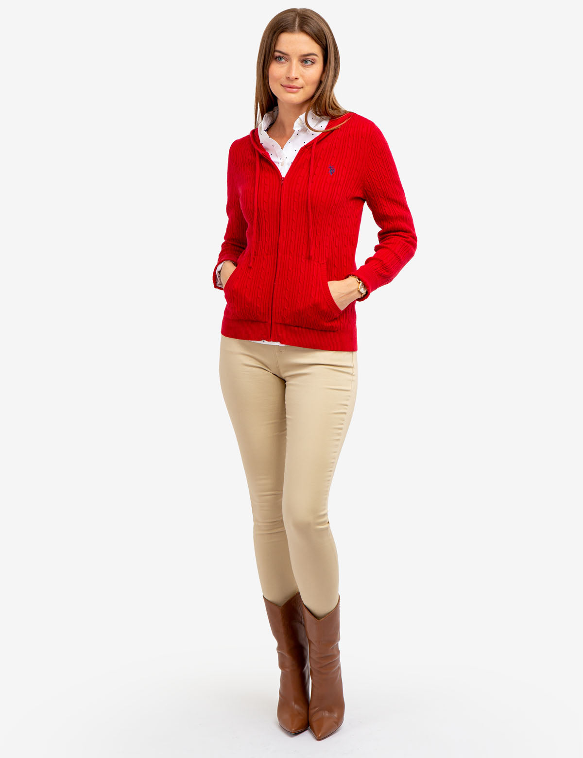 Women's Soft Cable Knit Hoodie with Zipper & Kangaroo Pockets