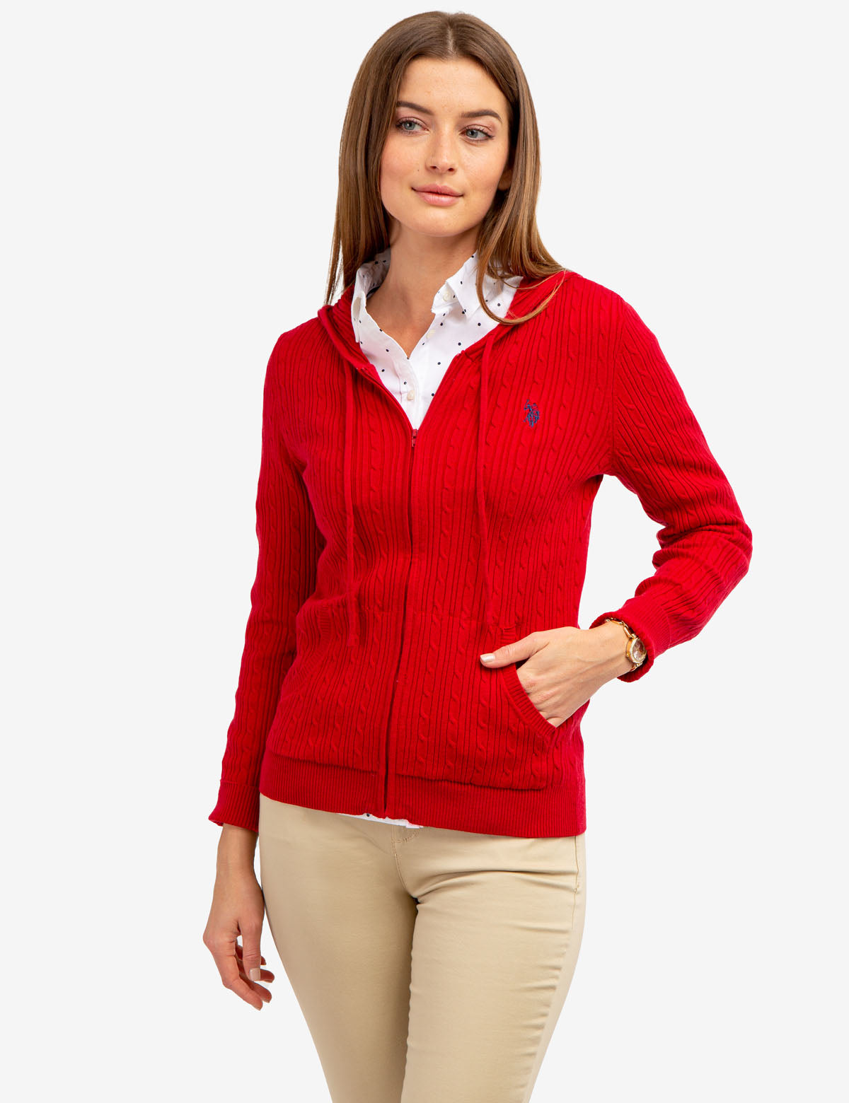 Women's Soft Cable Knit Hoodie with Zipper & Kangaroo Pockets