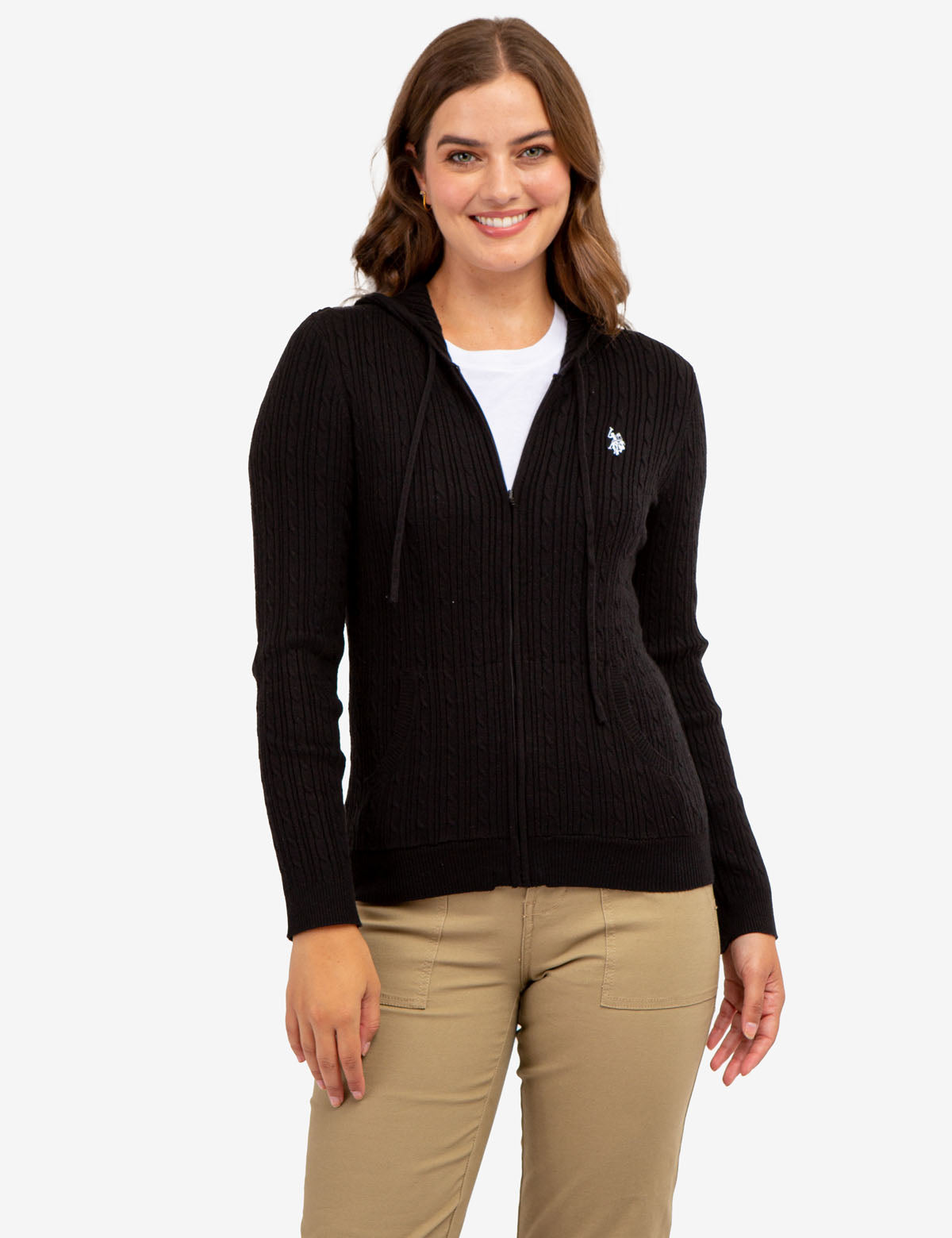 Women's Soft Cable Knit Hoodie with Zipper & Kangaroo Pockets