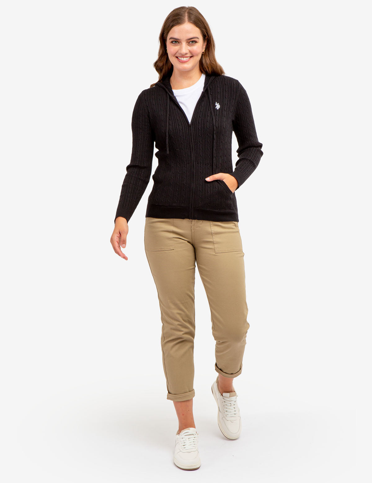 Women's Soft Cable Knit Hoodie with Zipper & Kangaroo Pockets