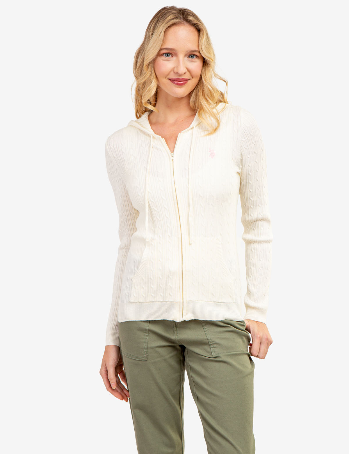 Women's Soft Cable Knit Hoodie with Zipper & Kangaroo Pockets