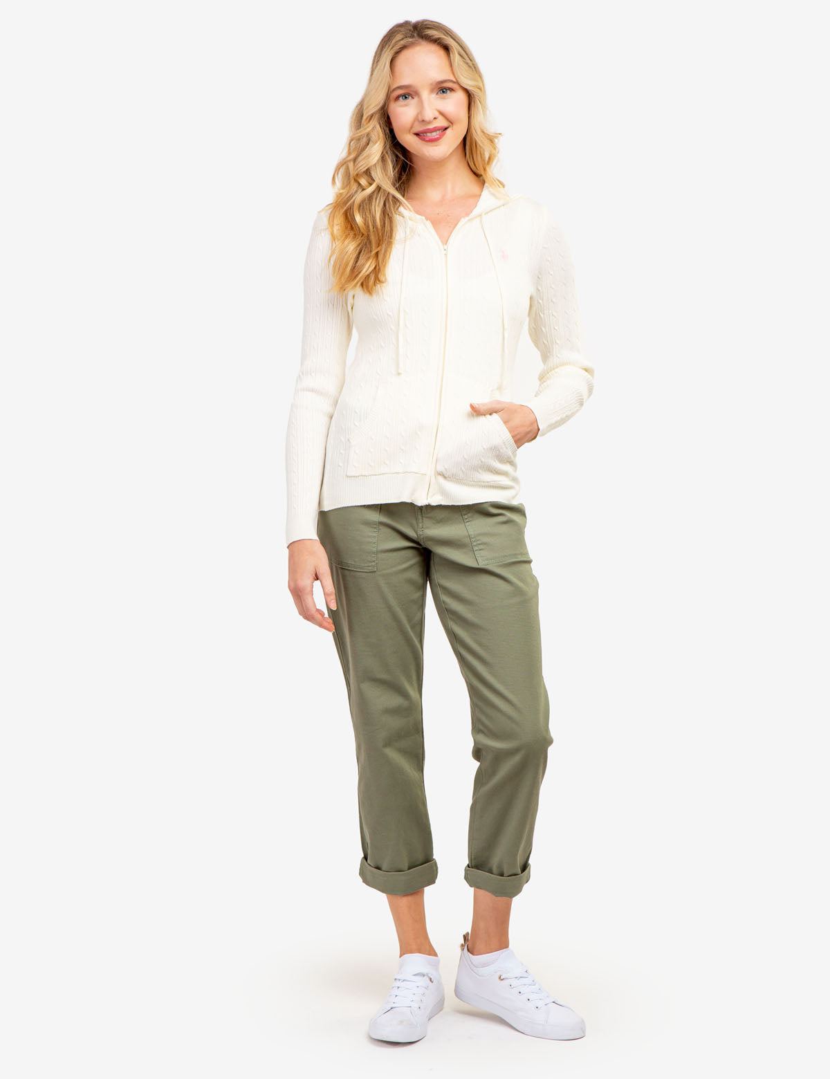 Women's Soft Cable Knit Hoodie with Zipper & Kangaroo Pockets