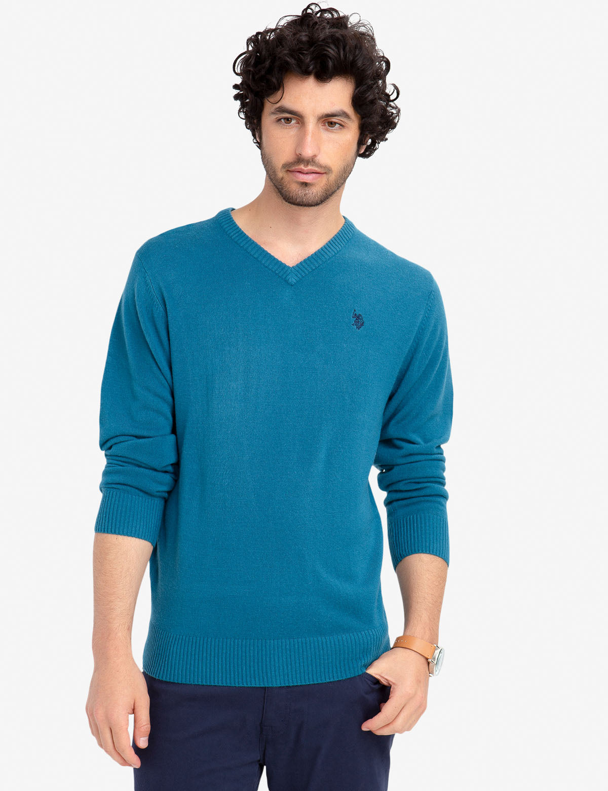 Soft V-Neck Sweater for Women - Ribbed Cuffs & Acrylic Knit