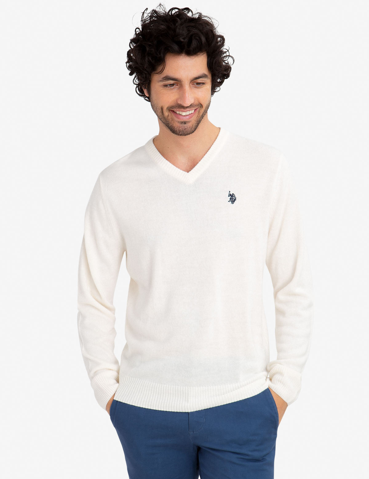 Soft V-Neck Sweater for Women - Ribbed Cuffs & Acrylic Knit