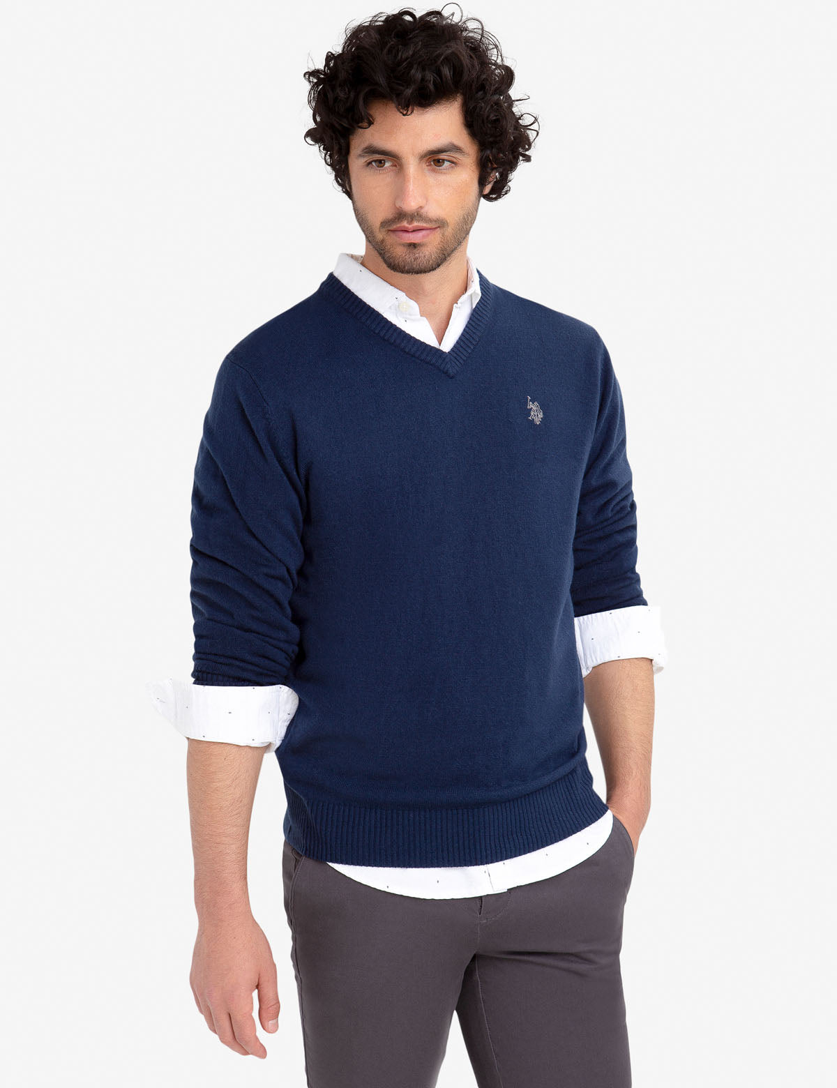 Soft V-Neck Sweater for Women - Ribbed Cuffs & Acrylic Knit