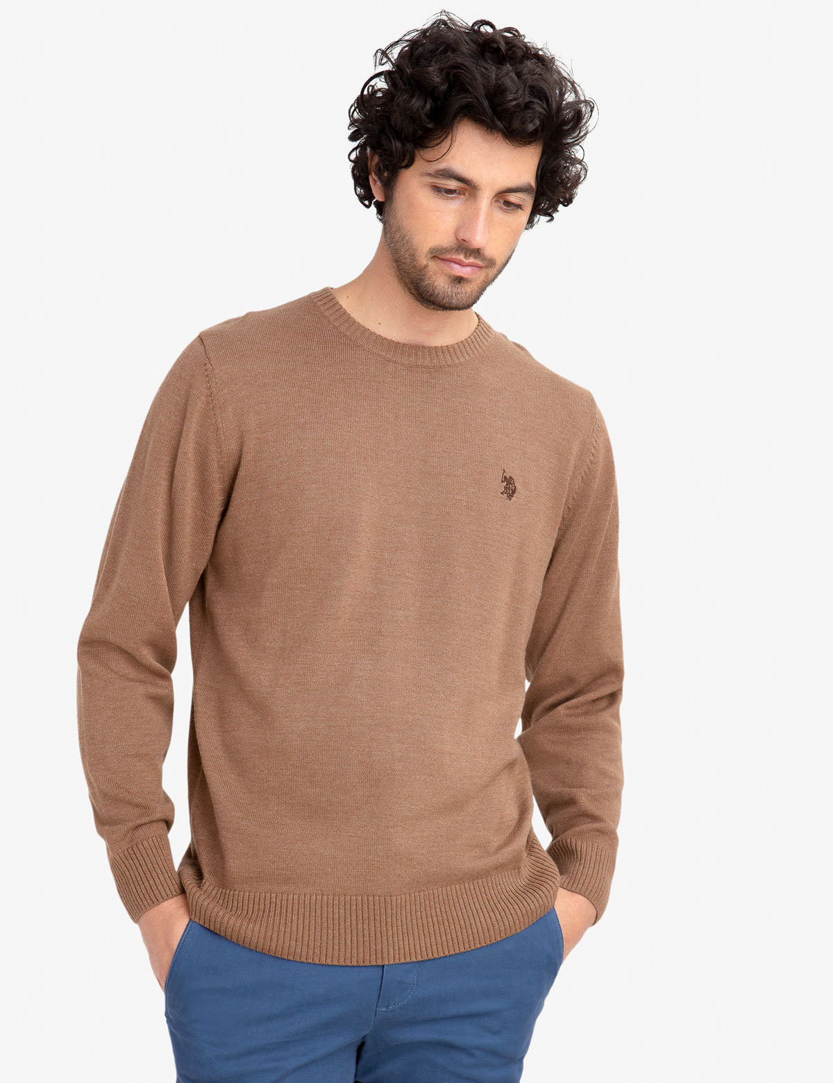 Men's Solid Crew Neck Sweater with Embroidered Logo