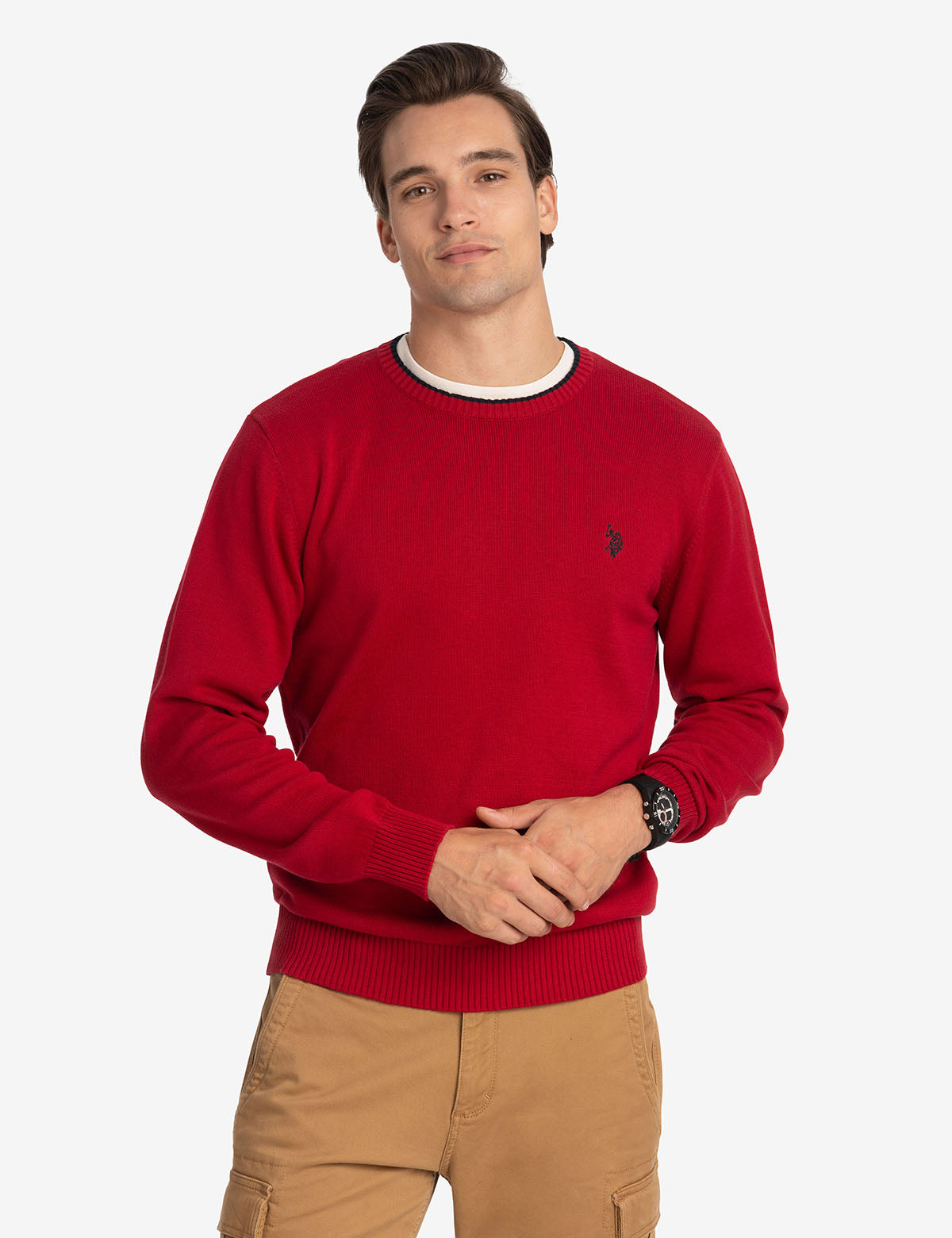 Men's Solid Crew Neck Sweater with Embroidered Logo