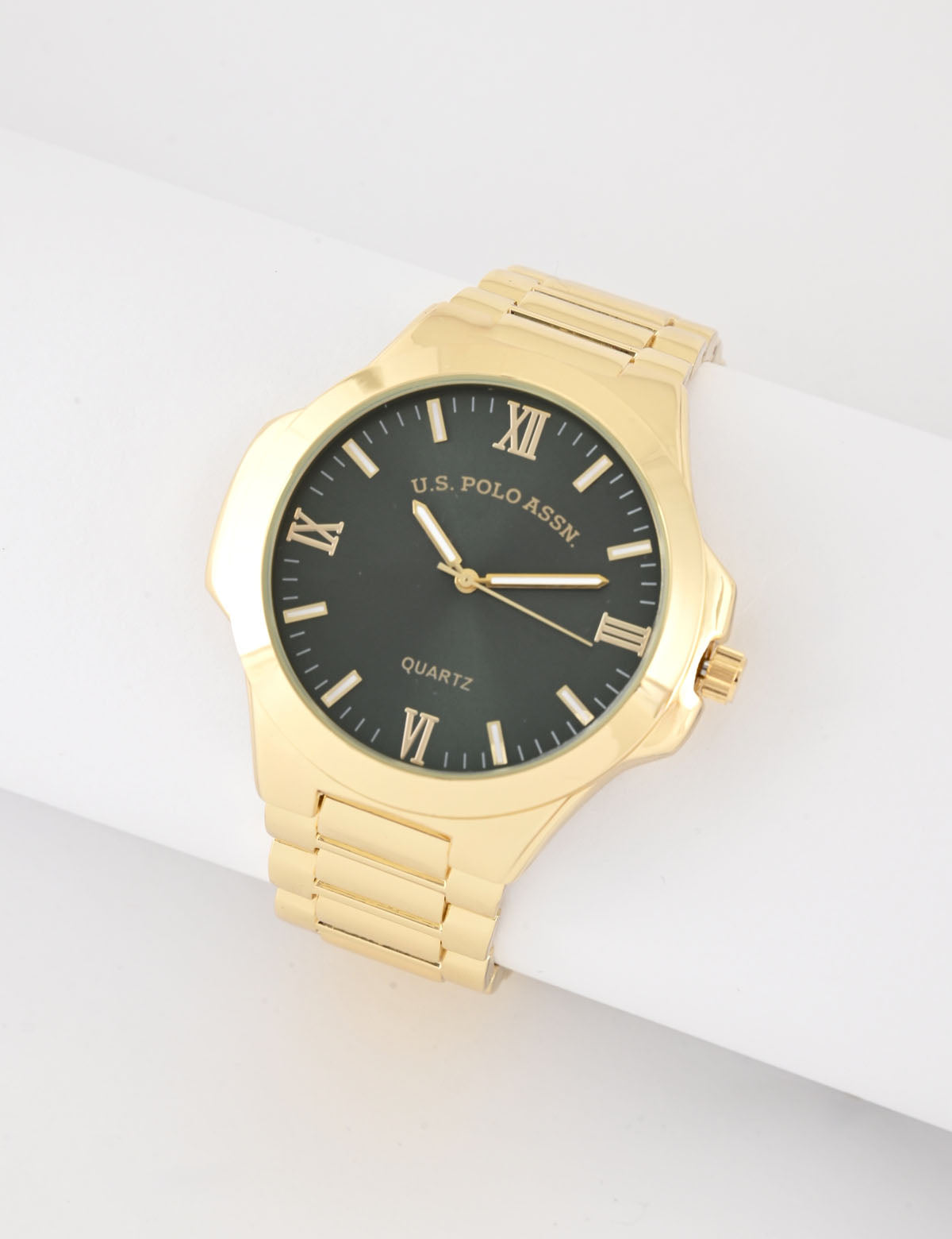 Men's Gold Link Watch with Green Face - Luxury Timepiece