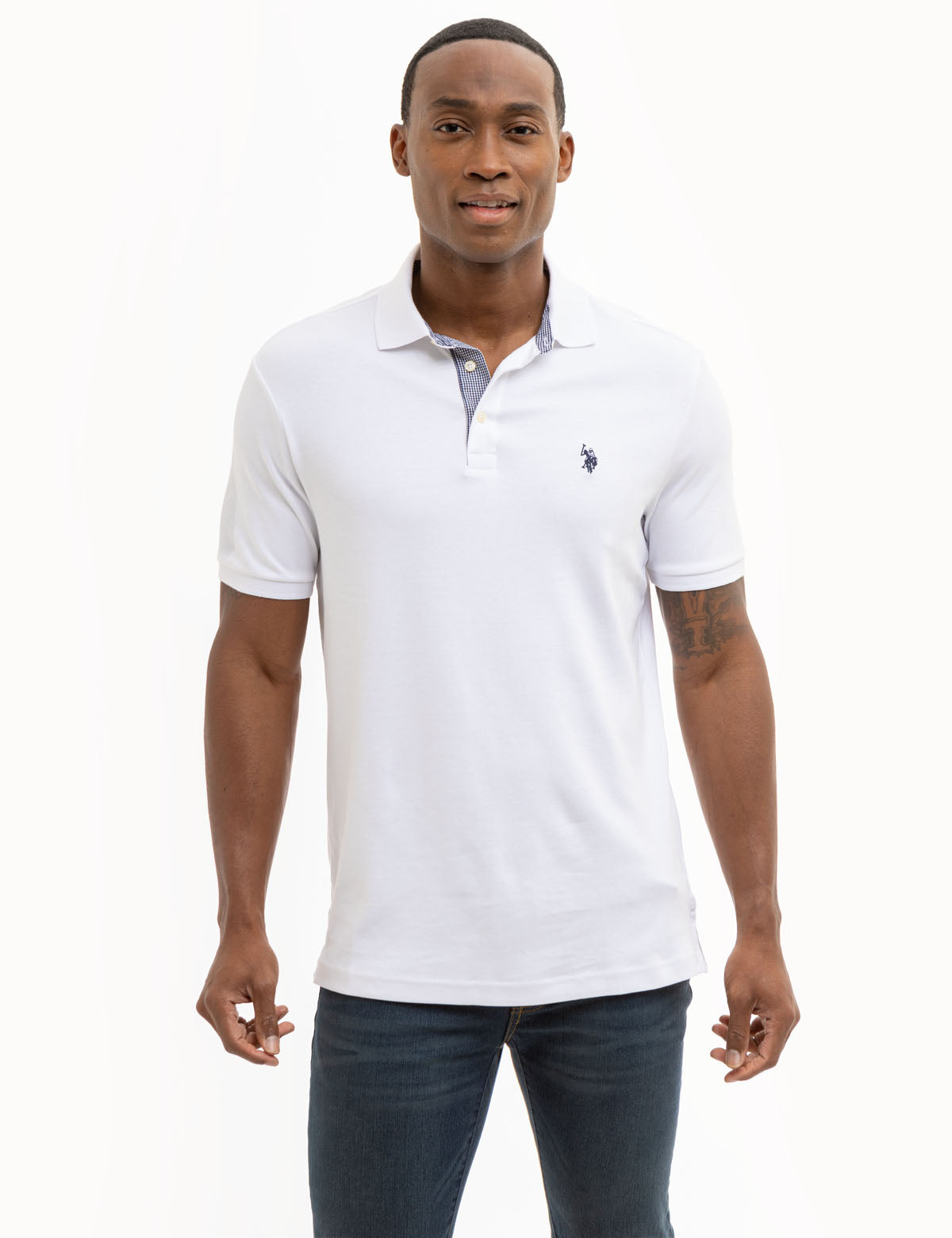 Men's Cotton Polo Shirt with Gingham Trim & Ribbed Cuffs