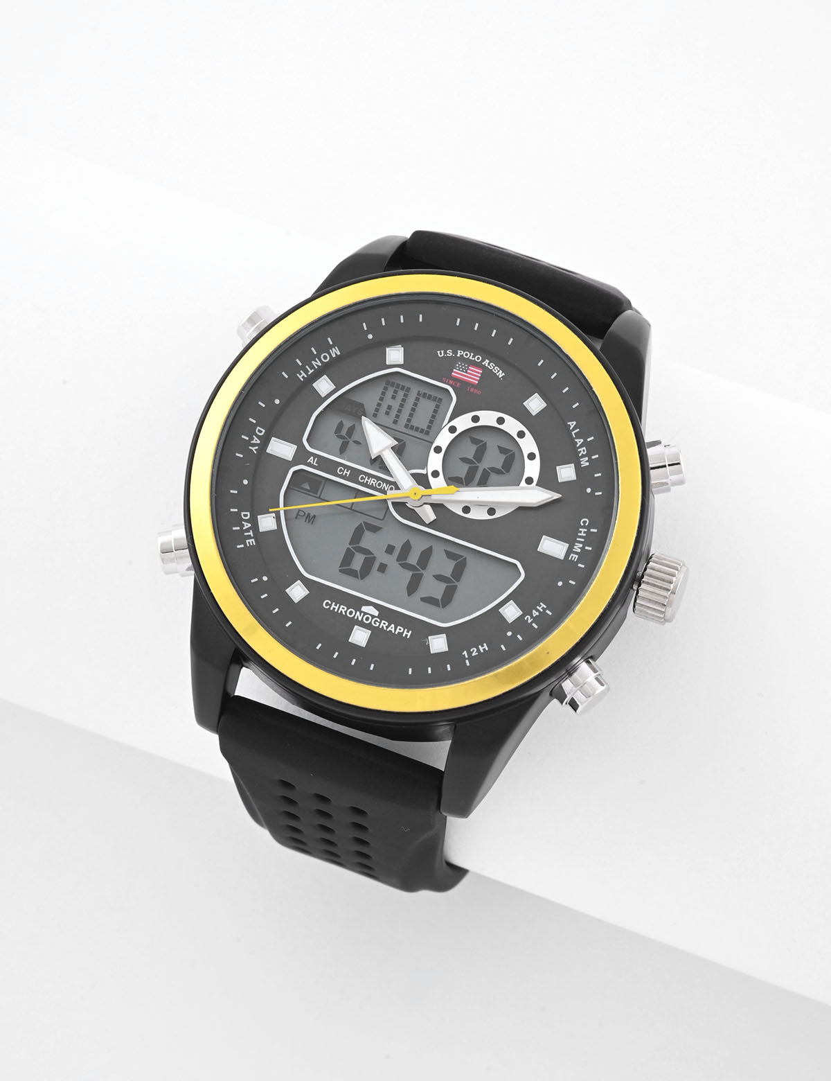 Men's Black Anadigi Watch with Yellow Accent