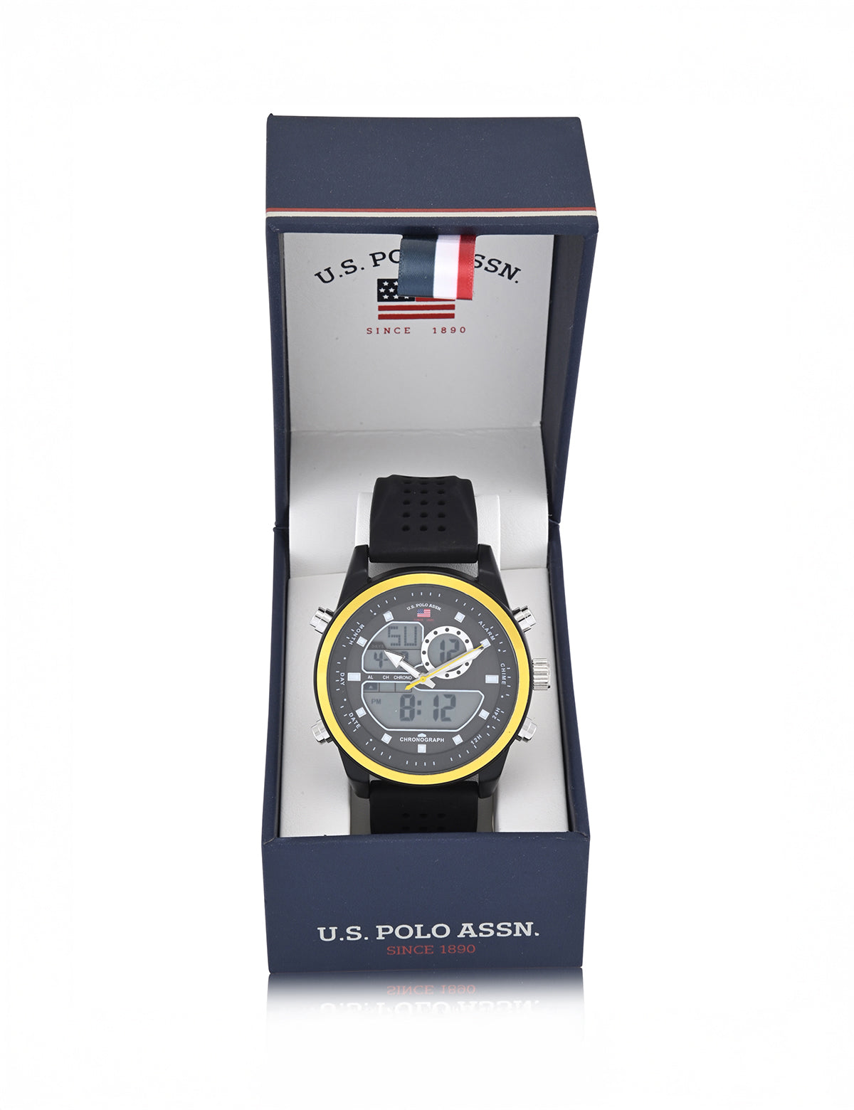 Men's Black Anadigi Watch with Yellow Accent