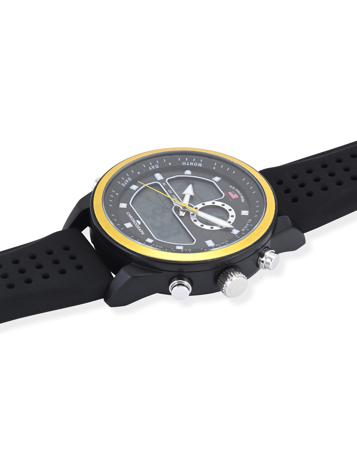 Men's Black Anadigi Watch with Yellow Accent