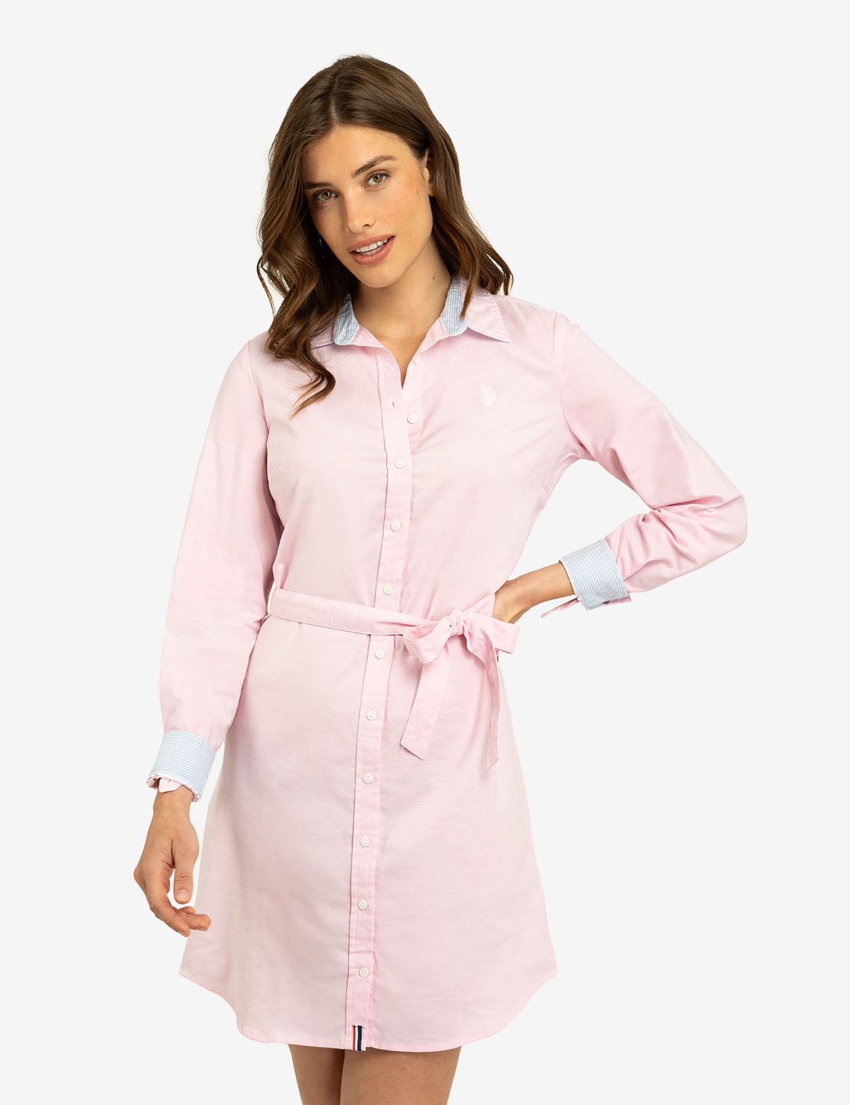 Women's Solid Oxford Dress with Button Placket & Tie Waist