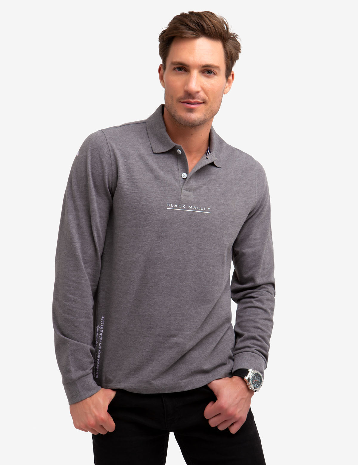 Men's Solid Pique Long Sleeve Polo Shirt with Mallet Watermark