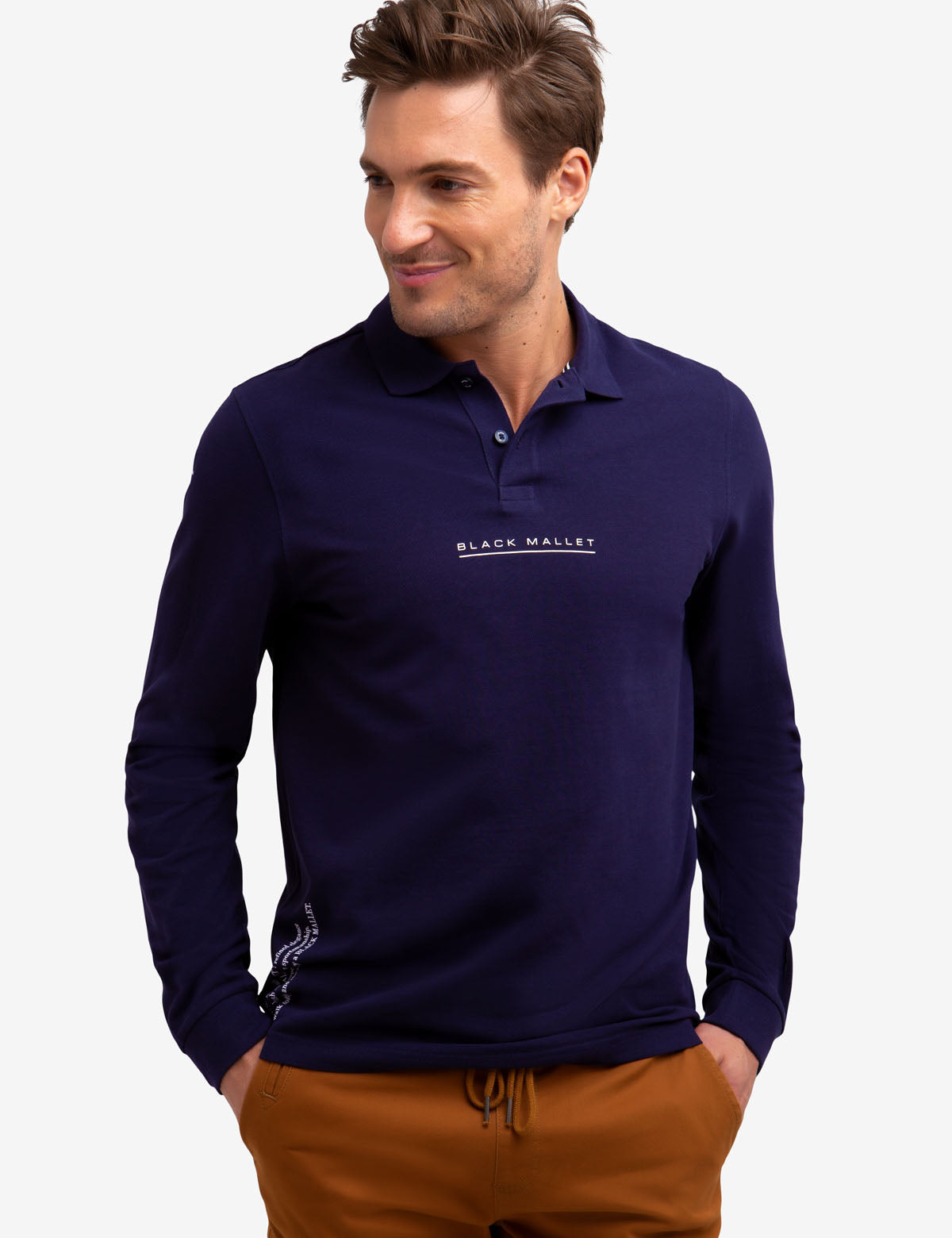 Men's Solid Pique Long Sleeve Polo Shirt with Mallet Watermark