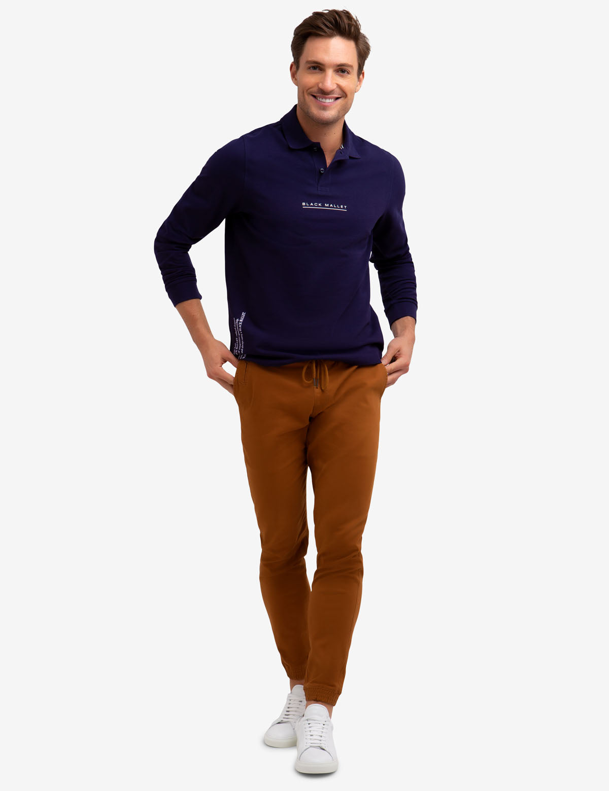 Men's Solid Pique Long Sleeve Polo Shirt with Mallet Watermark
