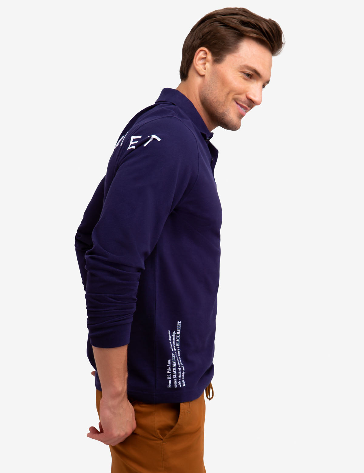 Men's Solid Pique Long Sleeve Polo Shirt with Mallet Watermark
