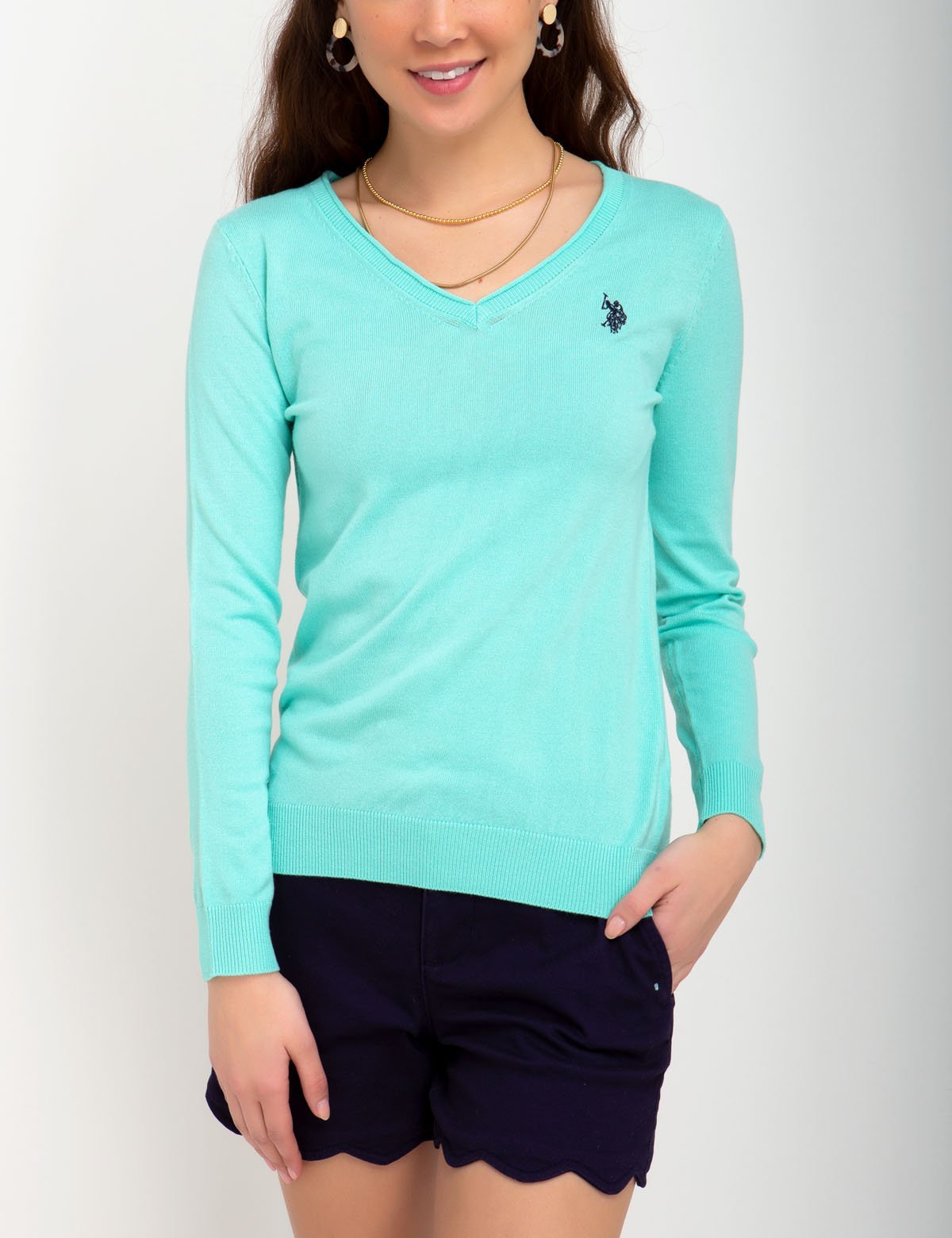 Women's Ribbed V-Neck Sweater - Acrylic Nylon Blend