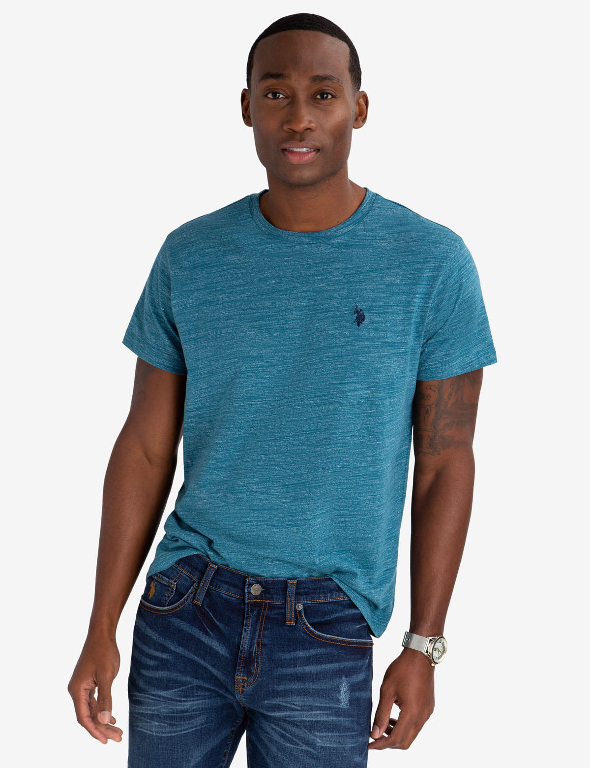 Space Dye Cotton Crew Neck T-Shirt with Embroidered Logo
