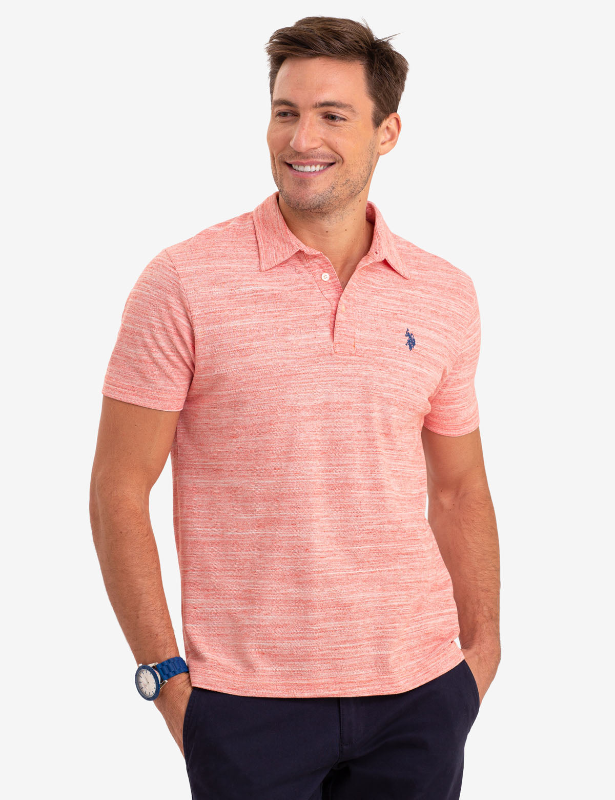 Space Dye Cotton Polo Shirt with Ribbed Cuffs