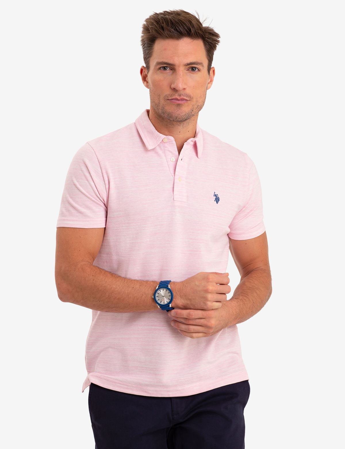 Space Dye Cotton Polo Shirt with Ribbed Cuffs