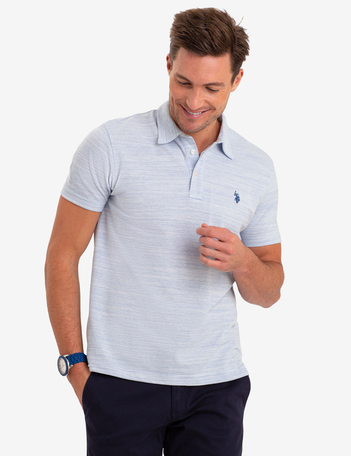 Space Dye Cotton Polo Shirt with Ribbed Cuffs