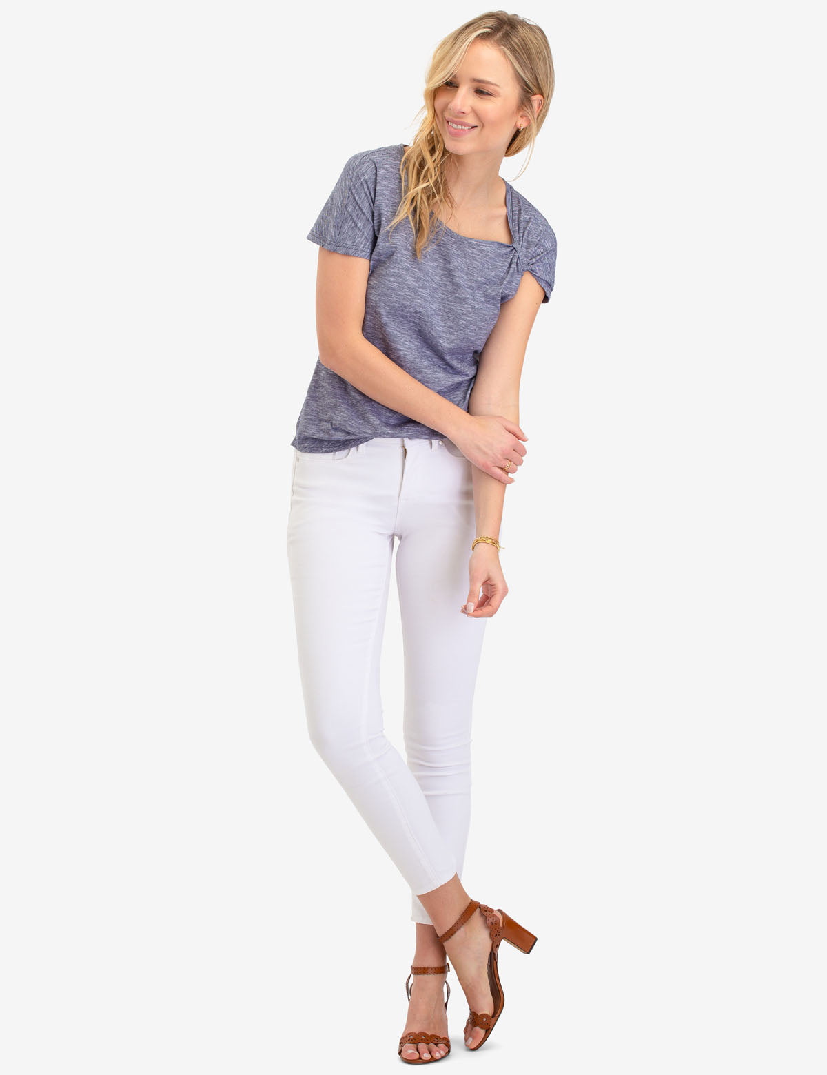 USPA Space Dye Tie Sleeve Top with Asymmetrical Neckline