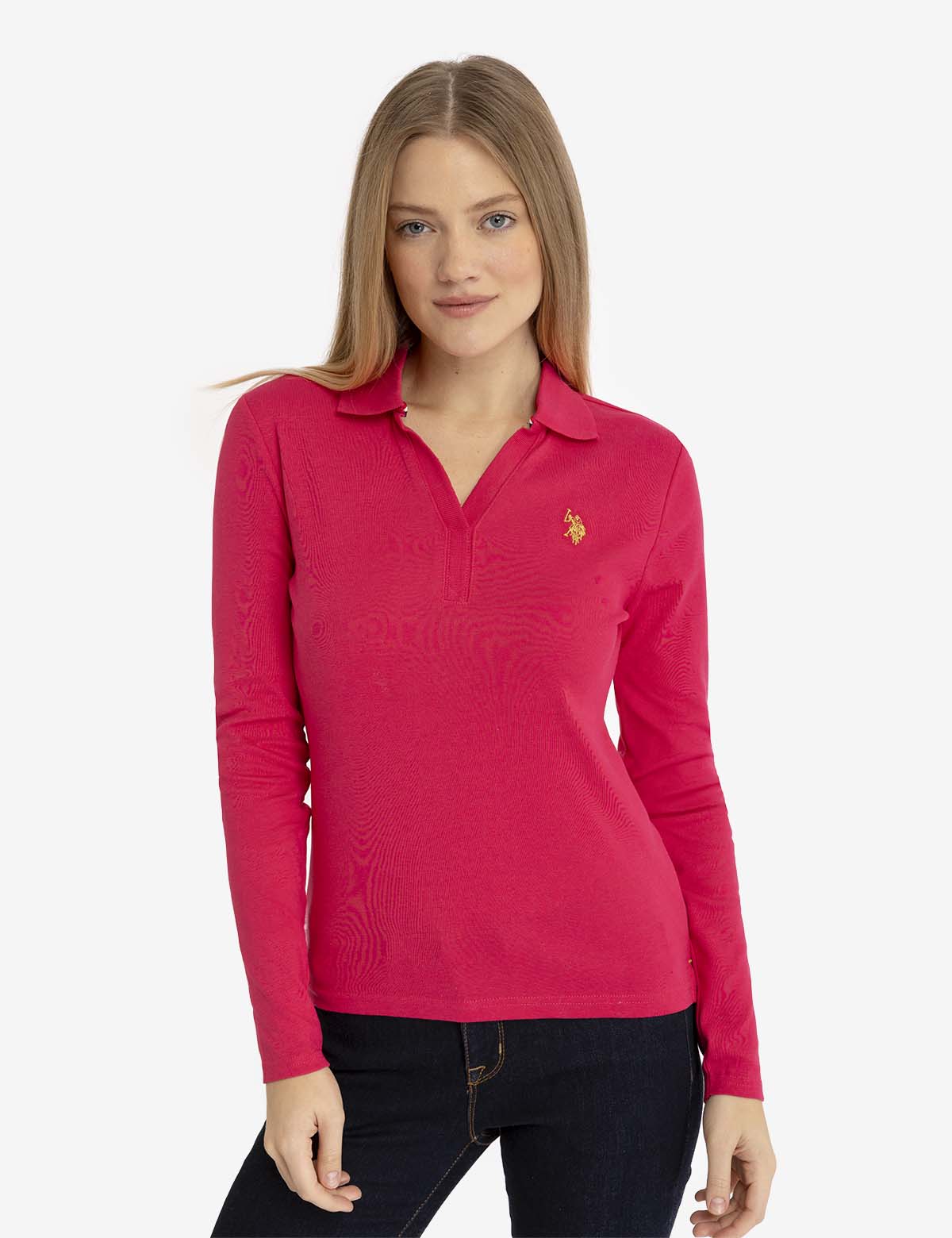 Ribbed Split Neck Long Sleeve Polo Shirt