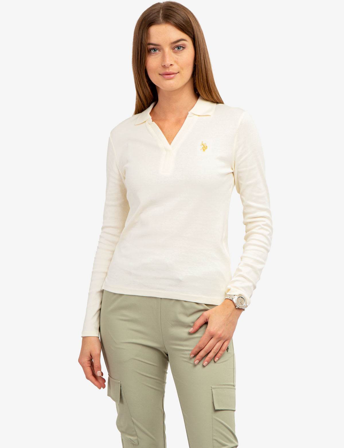 Ribbed Split Neck Long Sleeve Polo Shirt