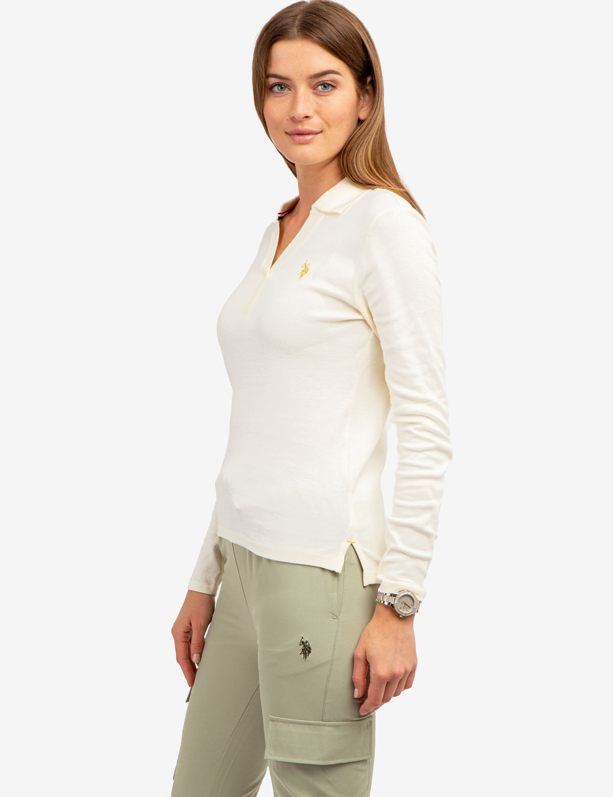 Ribbed Split Neck Long Sleeve Polo Shirt