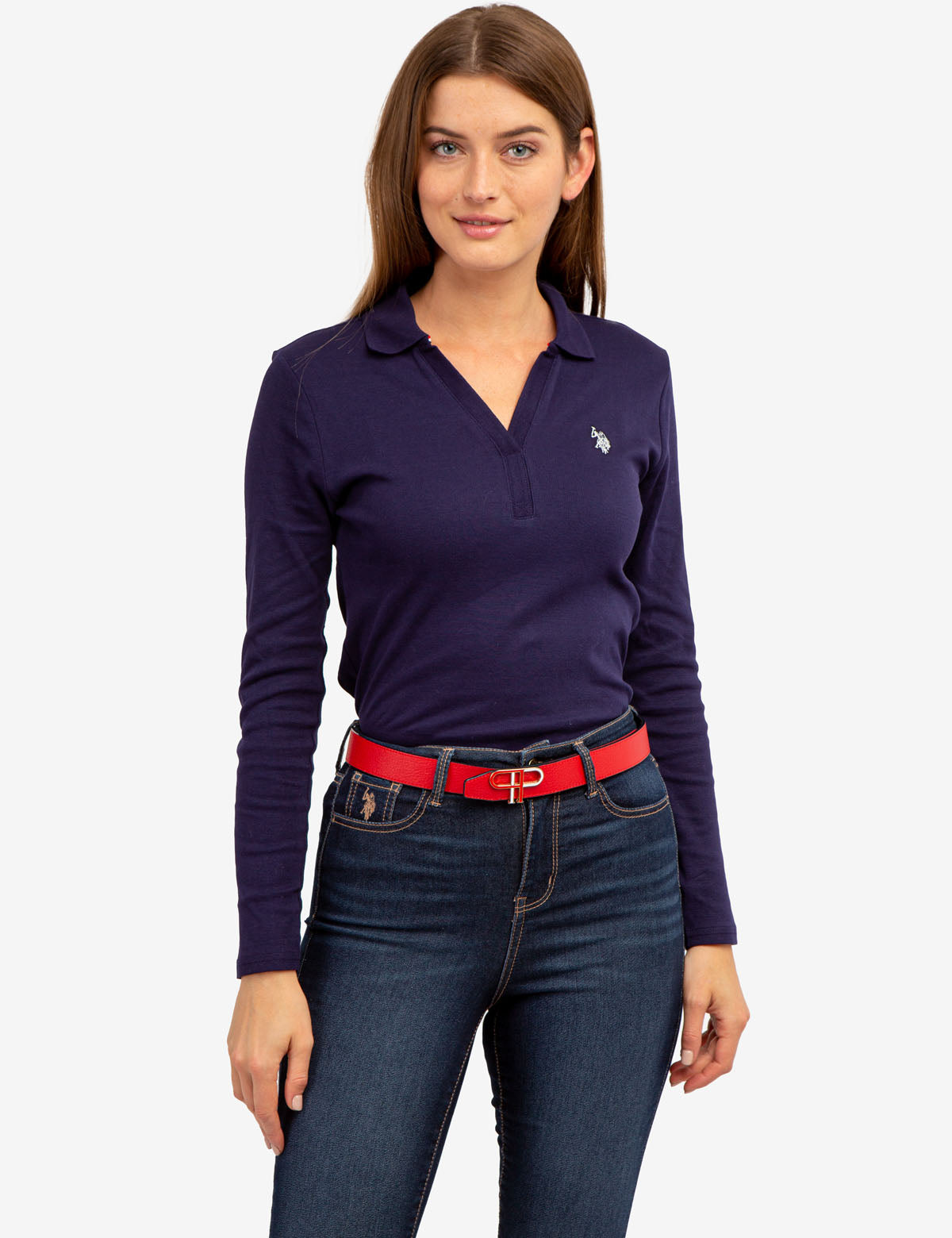 Ribbed Split Neck Long Sleeve Polo Shirt