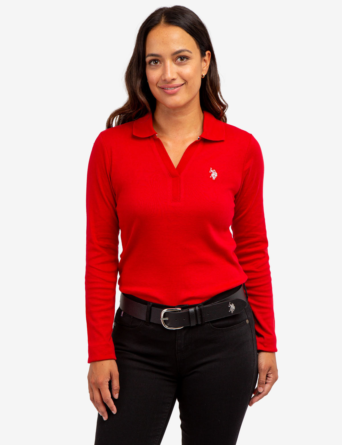 Ribbed Split Neck Long Sleeve Polo Shirt