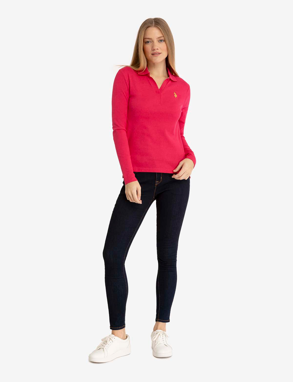 Ribbed Split Neck Long Sleeve Polo Shirt